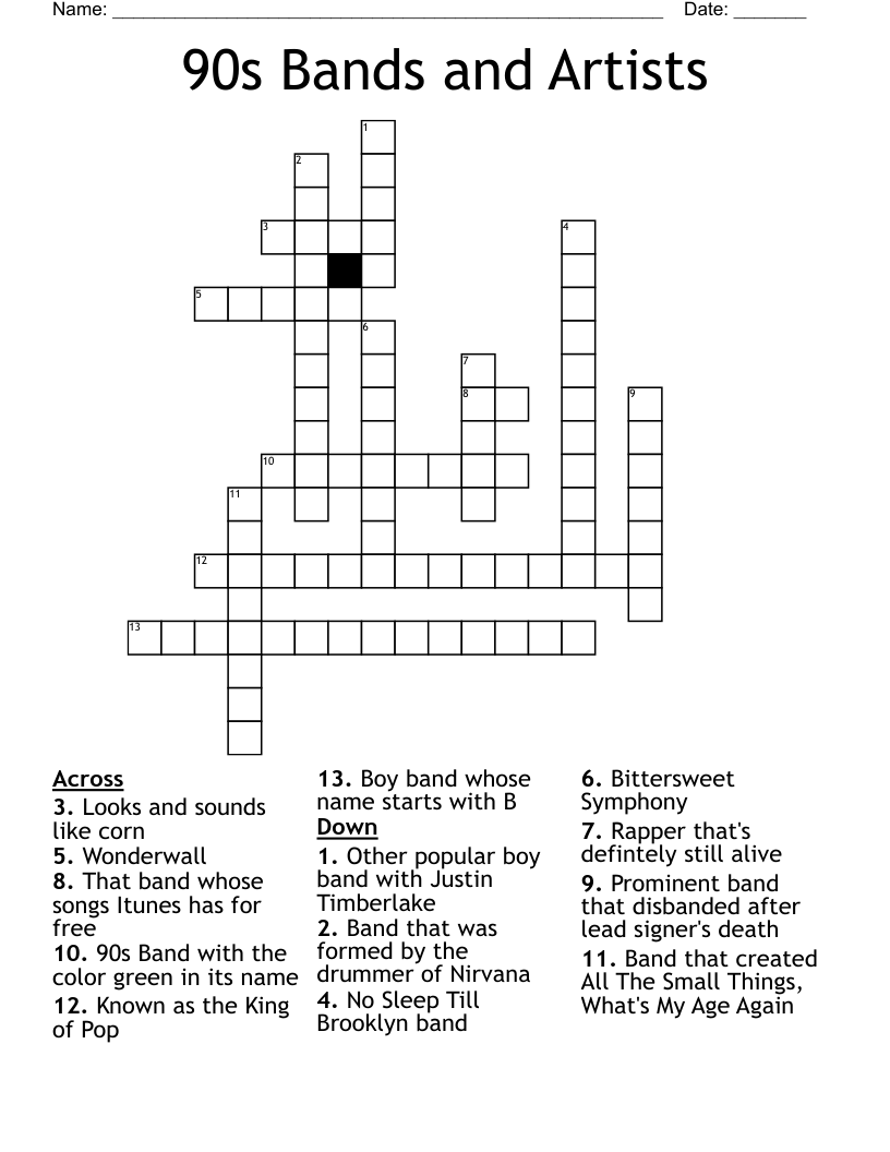 90s Bands And Artists Crossword WordMint 90s Bands And Artists Crossword WordMint