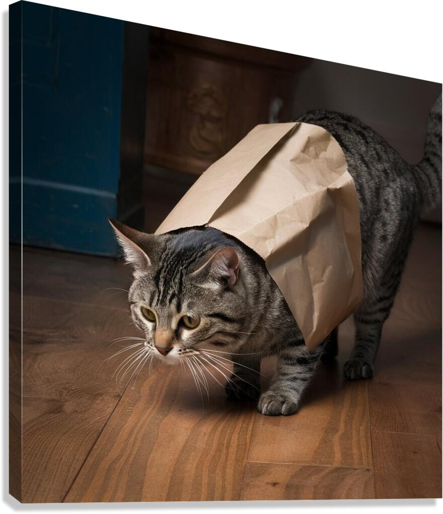 A Cat With Its Head Stuck In A Paper Bag Stumbling Around Clumsily By Badryano Wall Art