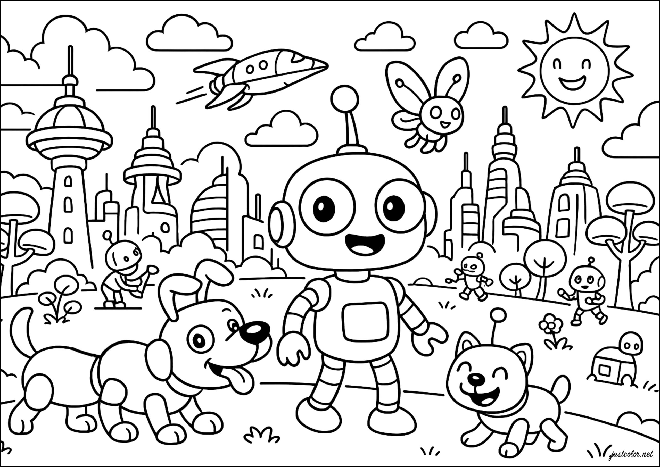 A Family Of Robots In A Futuristic City Robot Coloring Pages A Family Of Robots In A Futuristic City Robot Coloring Pages