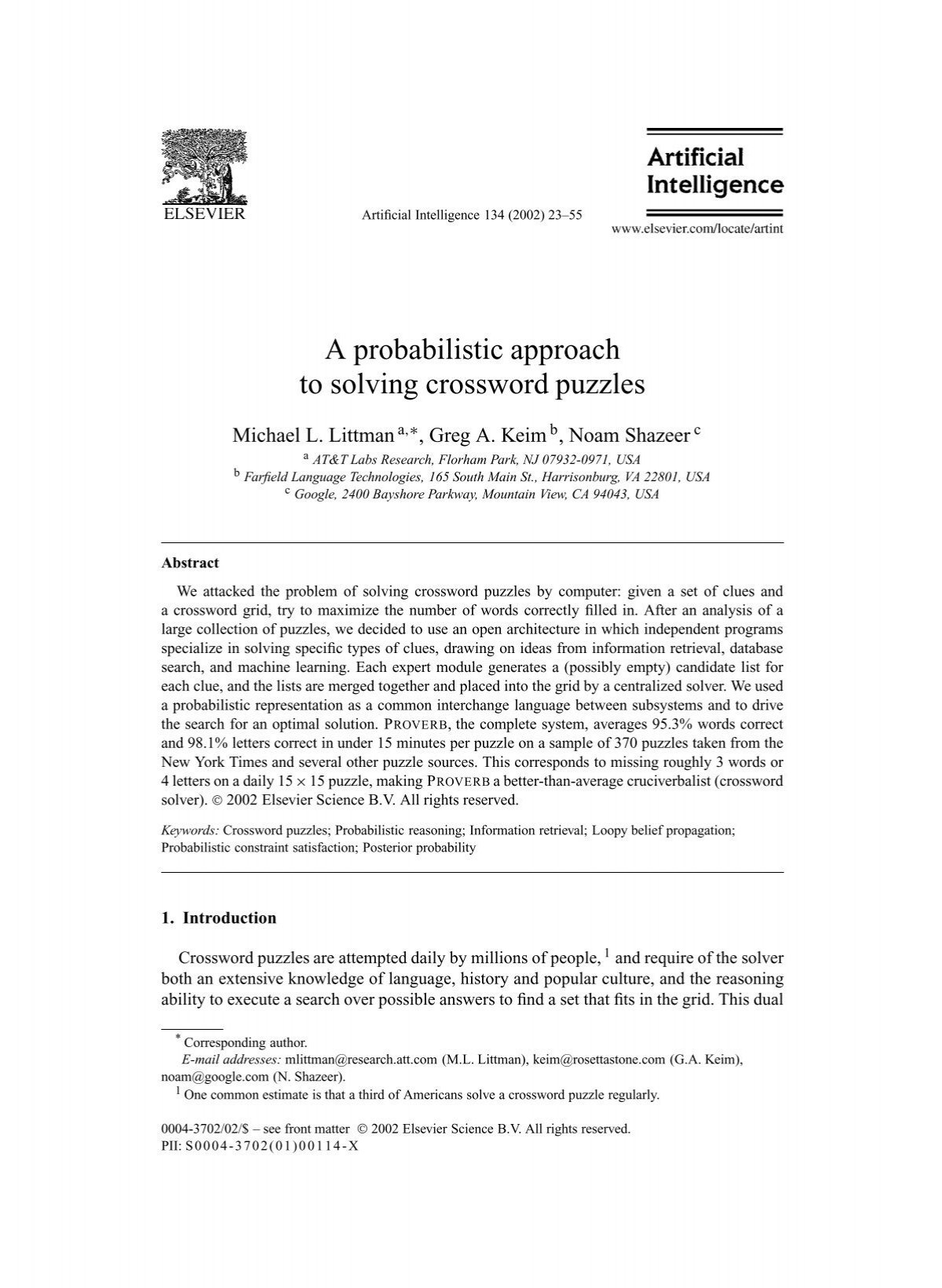 A Probabilistic Approach To Solving Crossword Puzzles One Across A Probabilistic Approach To Solving Crossword Puzzles One Across