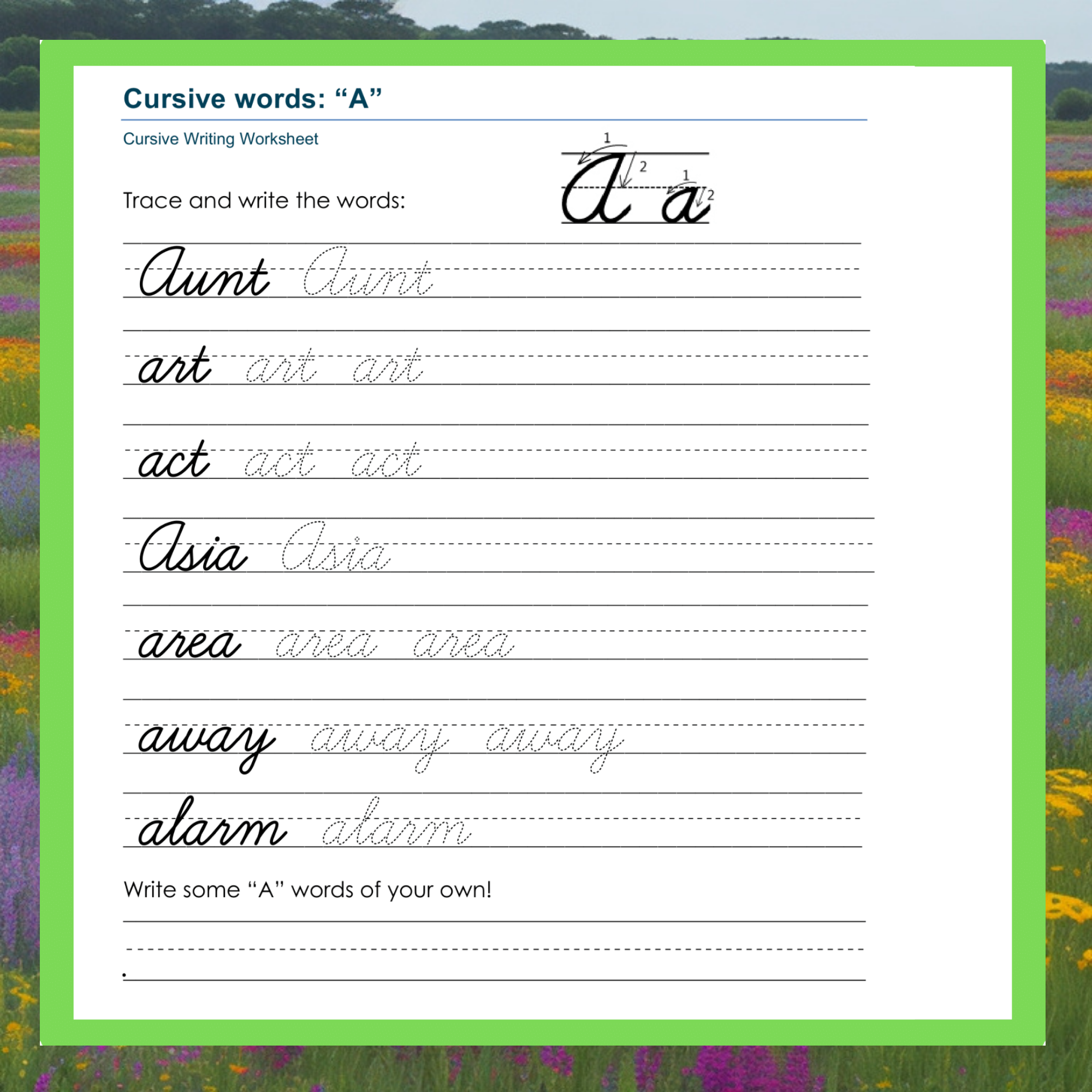 cursive word practice worksheets