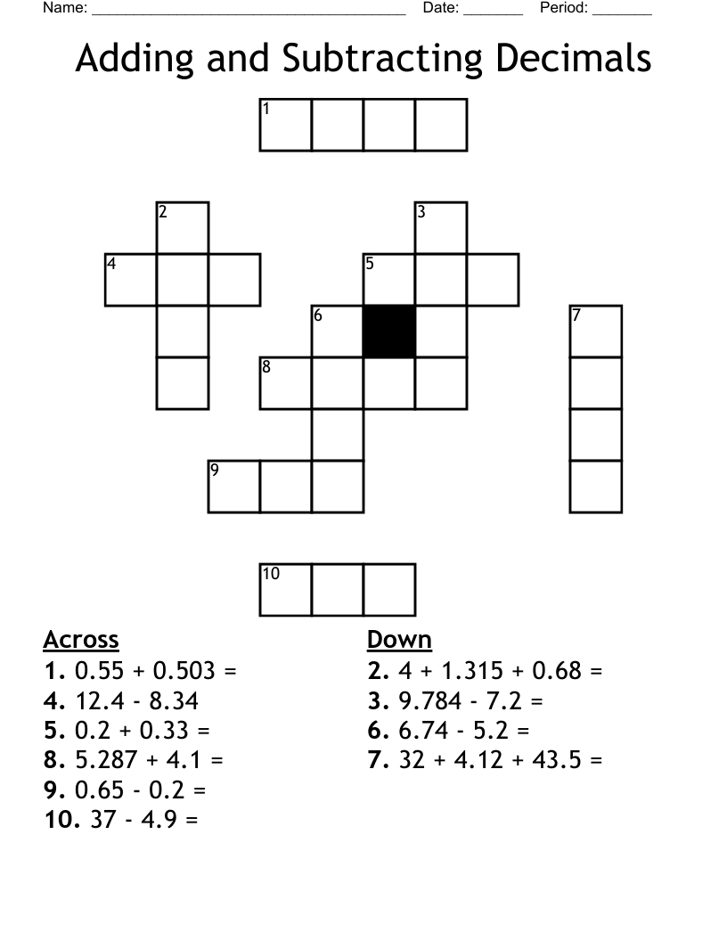 Adding And Subtracting Decimals Crossword WordMint Adding And Subtracting Decimals Crossword WordMint