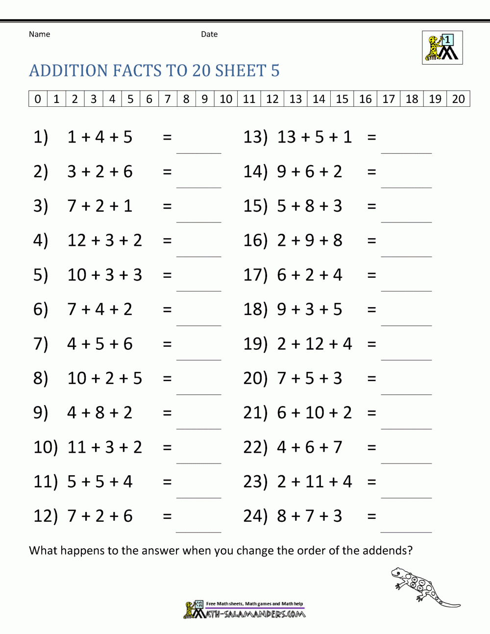 Addition Facts To 20 Worksheets Addition Facts To 20 Worksheets