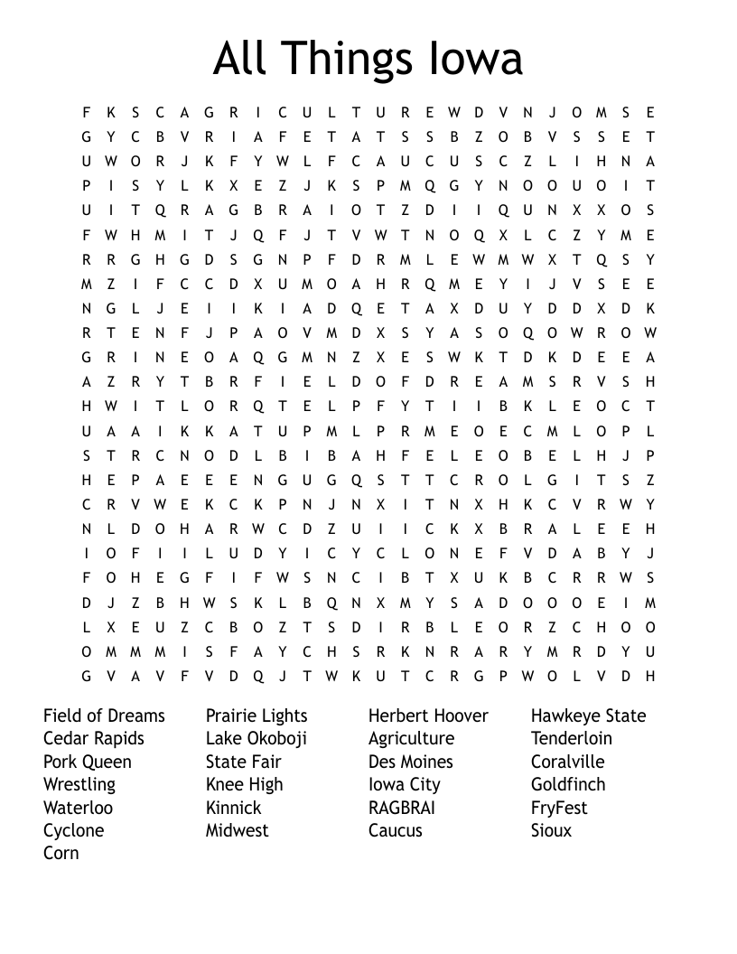 All Things Iowa Word Search WordMint