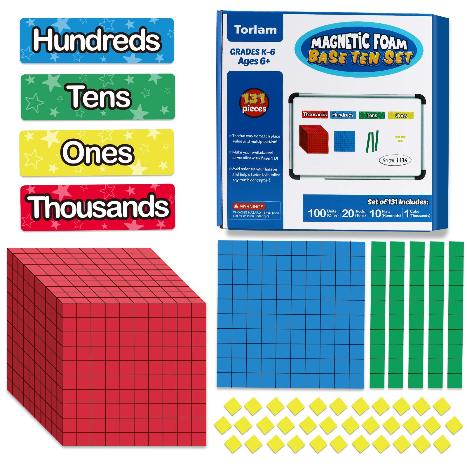 Amazon Torlam 131 PCS Magnetic Base Ten Blocks Place Value Blocks Math Manipulatives K 3 For Elementary Classroom Math Counters Counting Cubes For Kids Base 10 For 1st 2nd 3rd Grade Office Products