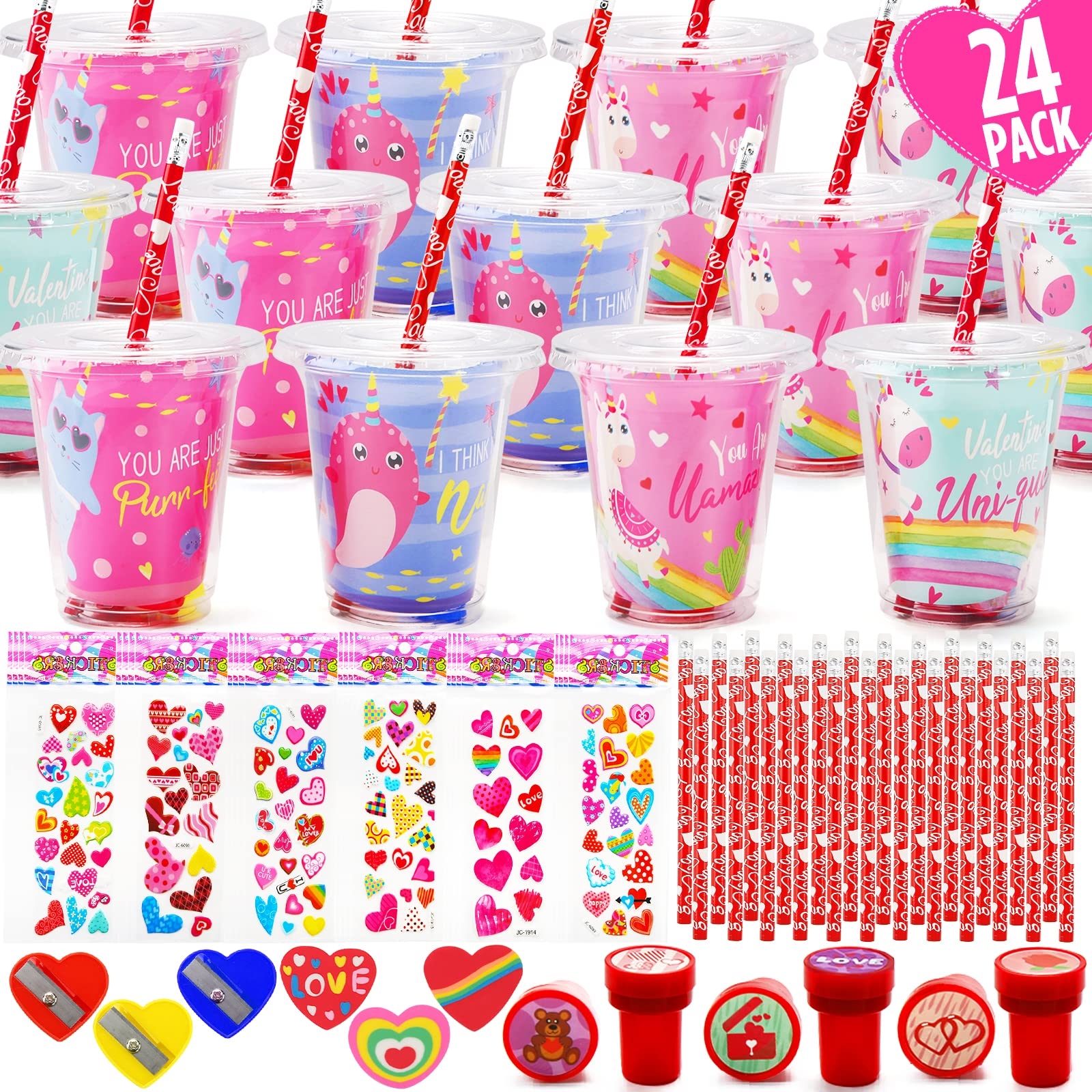 Amazon Valentines Day Gifts For Kids 24 Pack Valentines Day Stationery Gift With Cards Pencils Stickers Erasers Stampers Sharpener Cups Classroom Prize School Exchange Boys Girls Party Favors Toys Games