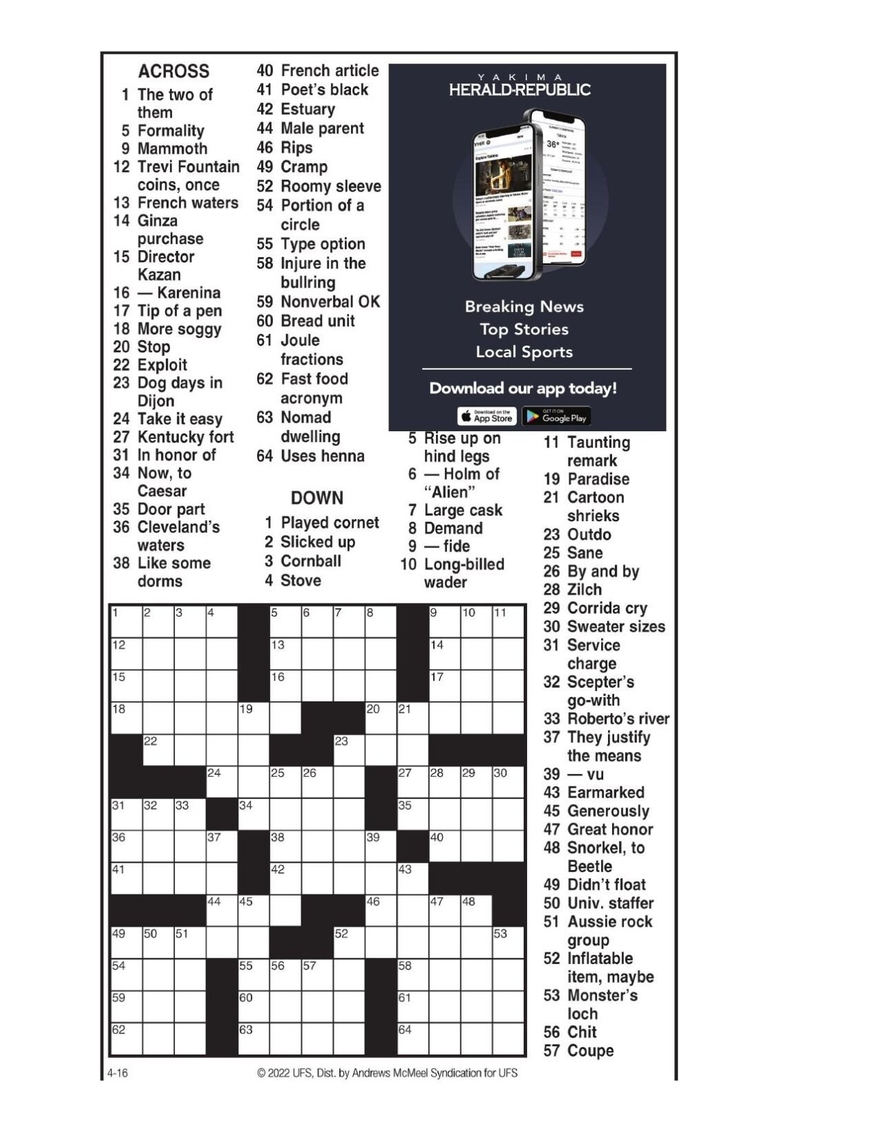 Andrews McMeel Crossword April 16 2022 Crosswords Yakimaherald Andrews McMeel Crossword April 16 2022 Crosswords Yakimaherald
