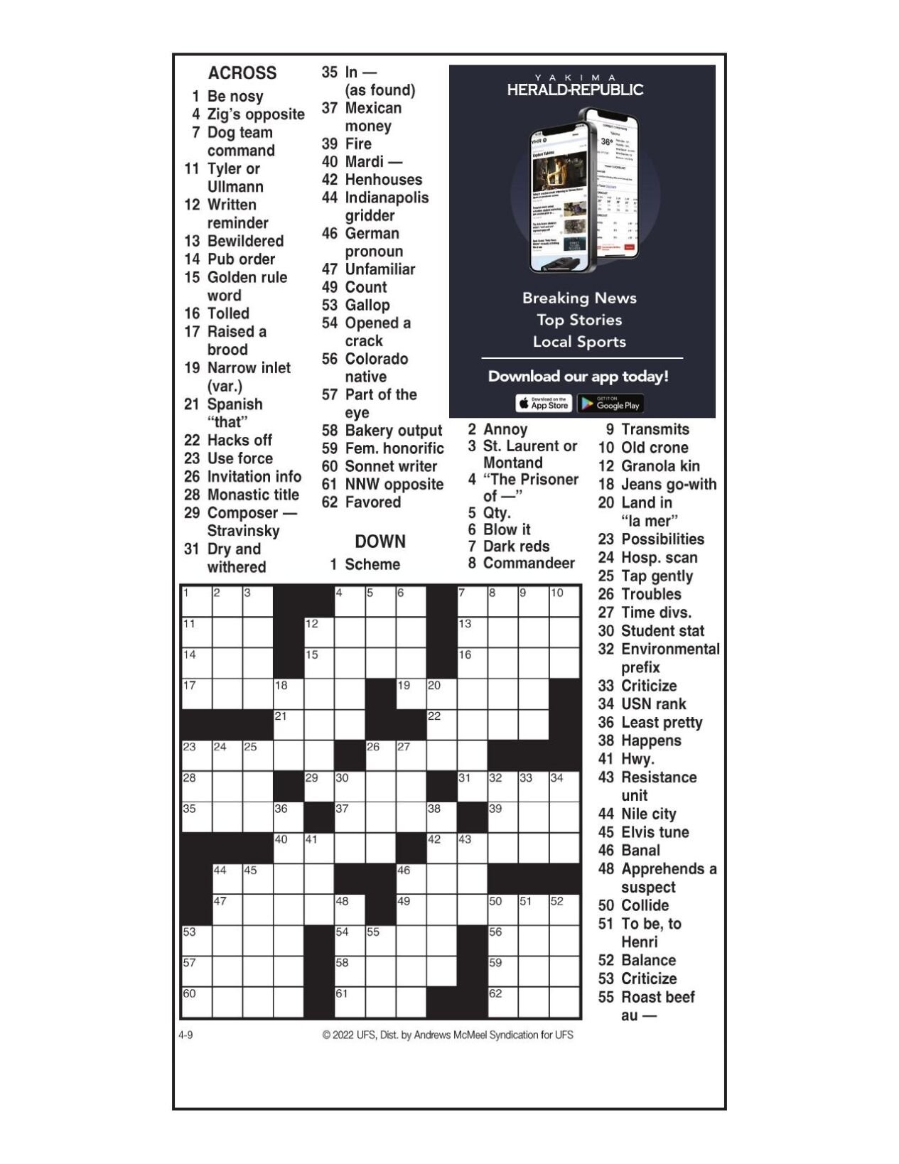 Andrews McMeel Crossword April 9 2022 Crosswords Yakimaherald Andrews McMeel Crossword April 9 2022 Crosswords Yakimaherald