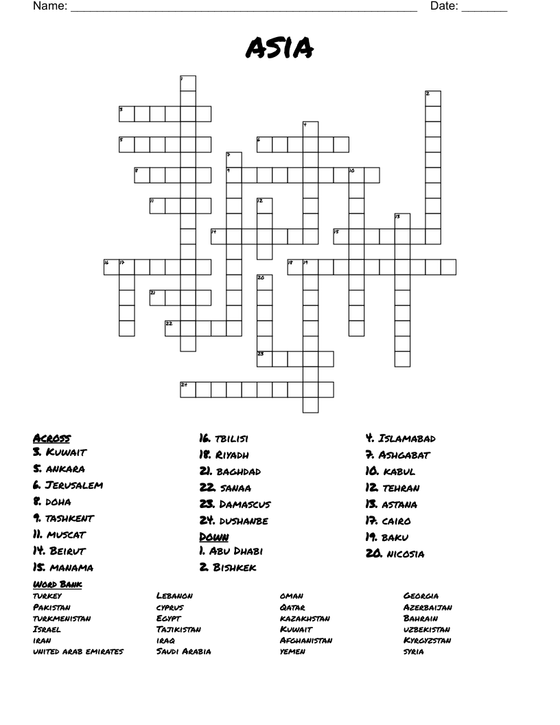 Asia Crossword WordMint Asia Crossword WordMint