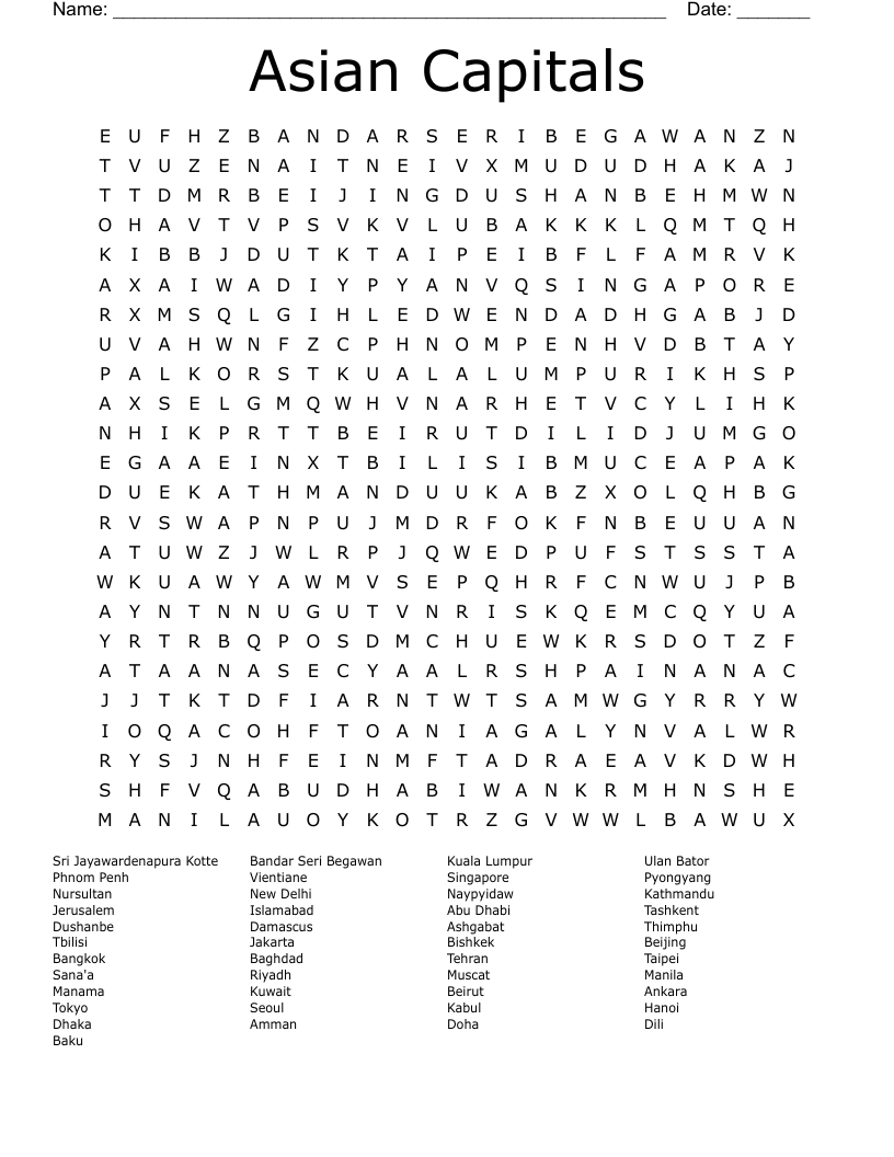 Asian Capitals Word Search WordMint Asian Capitals Word Search WordMint