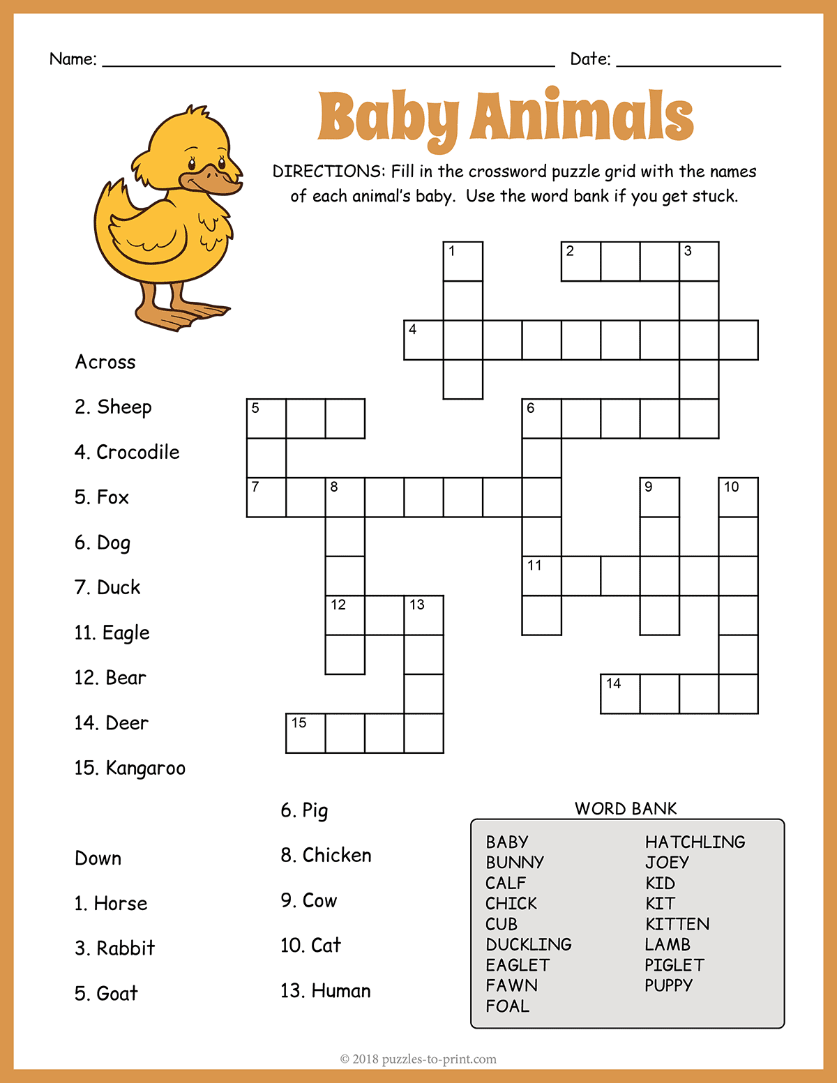 Baby Animals Crossword Baby Animals Crossword