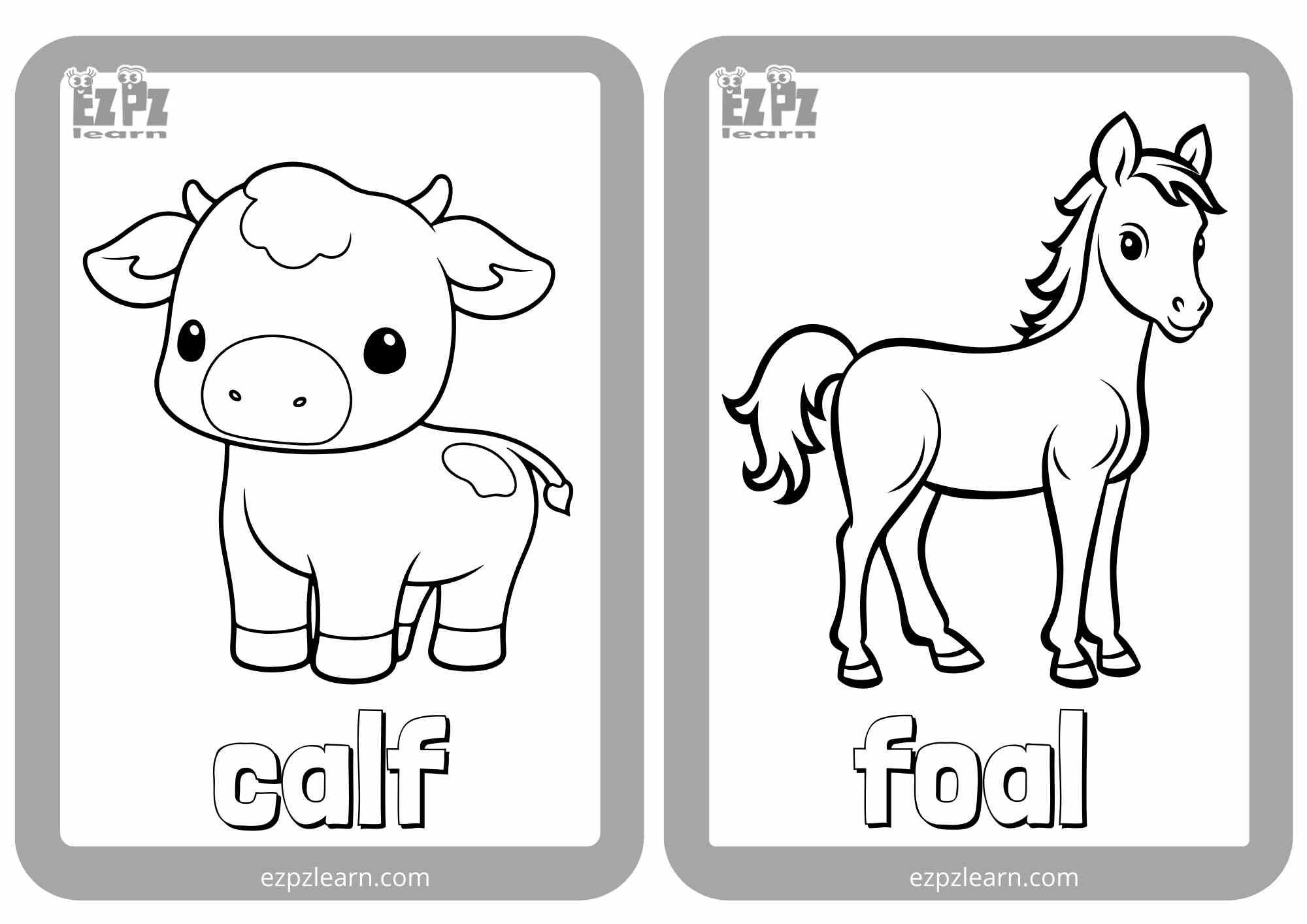 Baby Animals Half Page Flashcards For Coloring Great For Kindergarten And English Language Learners Includes Calf And Foal Ezpzlearn