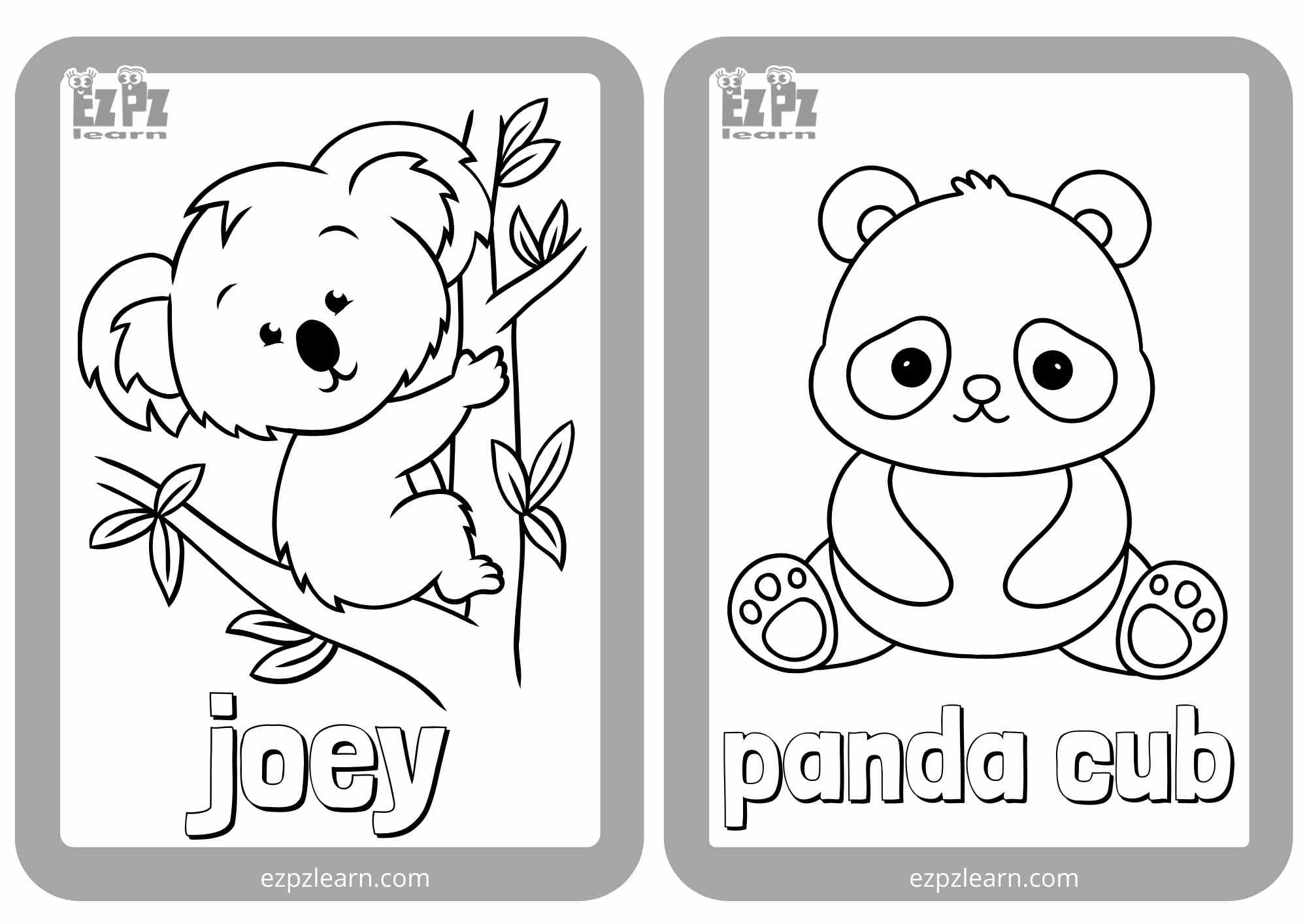 Baby Animals Half Page Flashcards For Coloring Great For Kindergarten And English Language Learners Includes Joey And Panda Cub Ezpzlearn