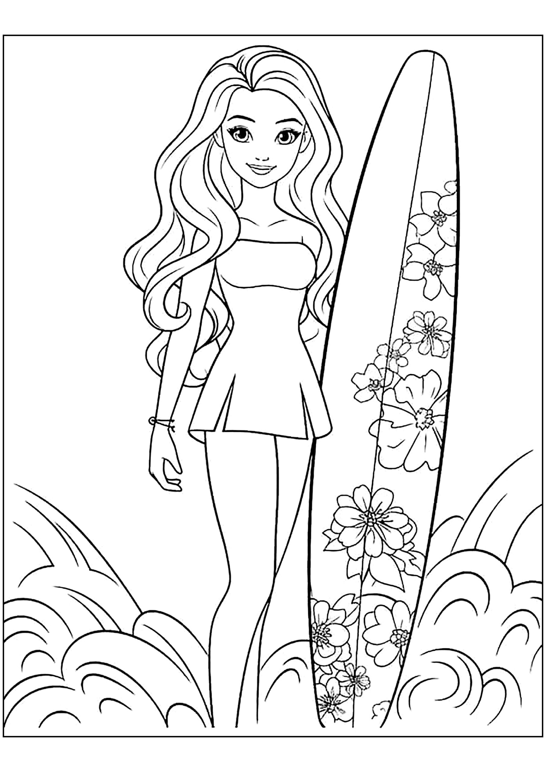 Barbie With A Beautifully Decorated Surfboard Barbie Coloring Pages Barbie With A Beautifully Decorated Surfboard Barbie Coloring Pages