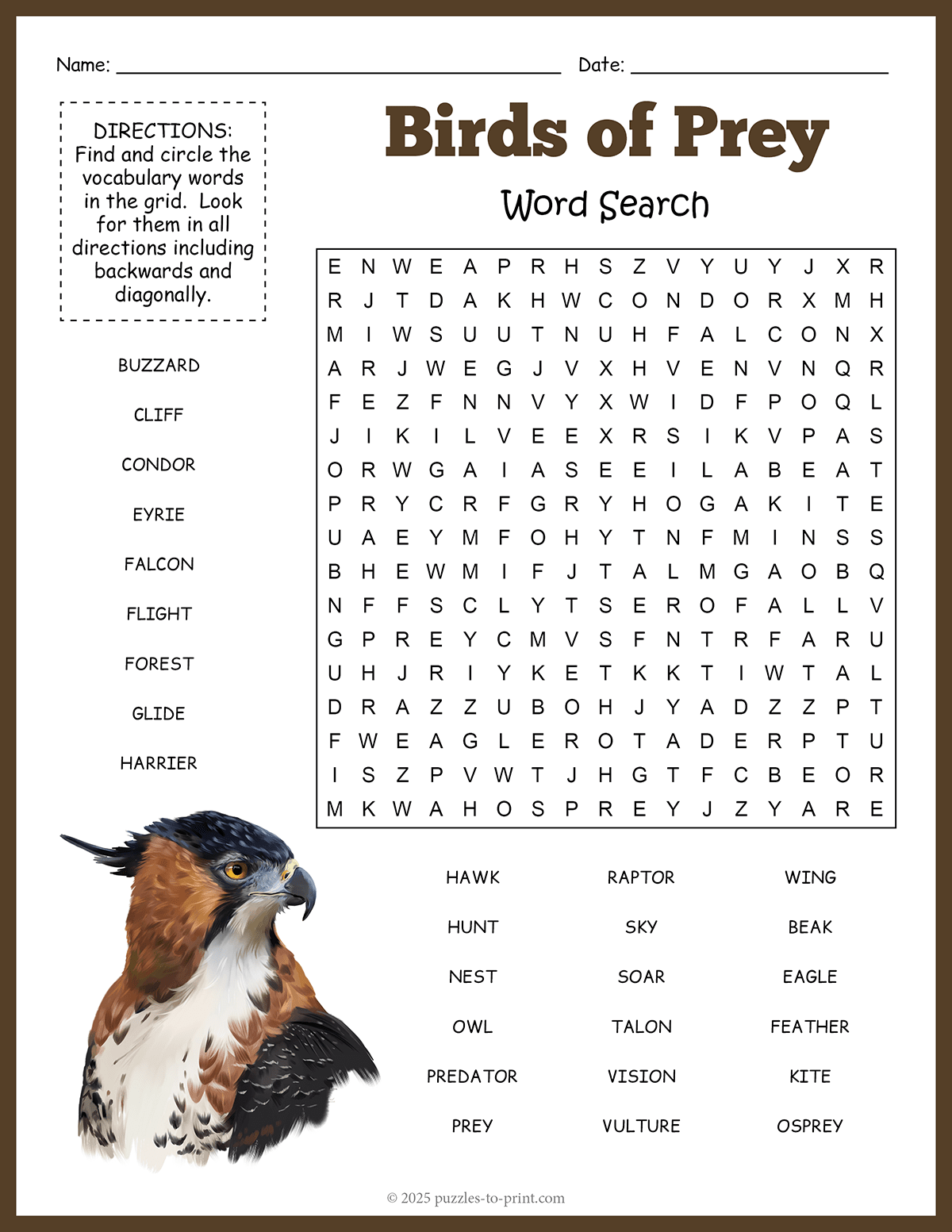 Birds Of Prey Word Search Free Printable Easy Challenging 