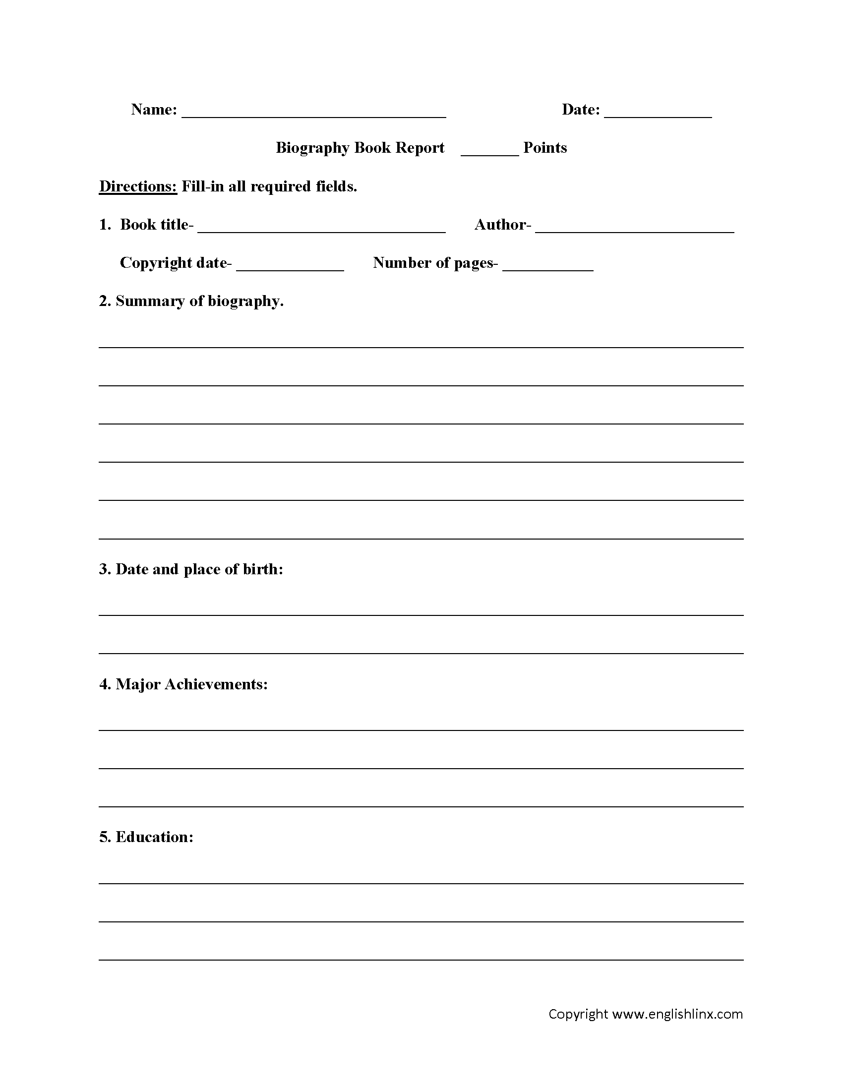 Book Report Worksheets Biography Book Report Worksheets