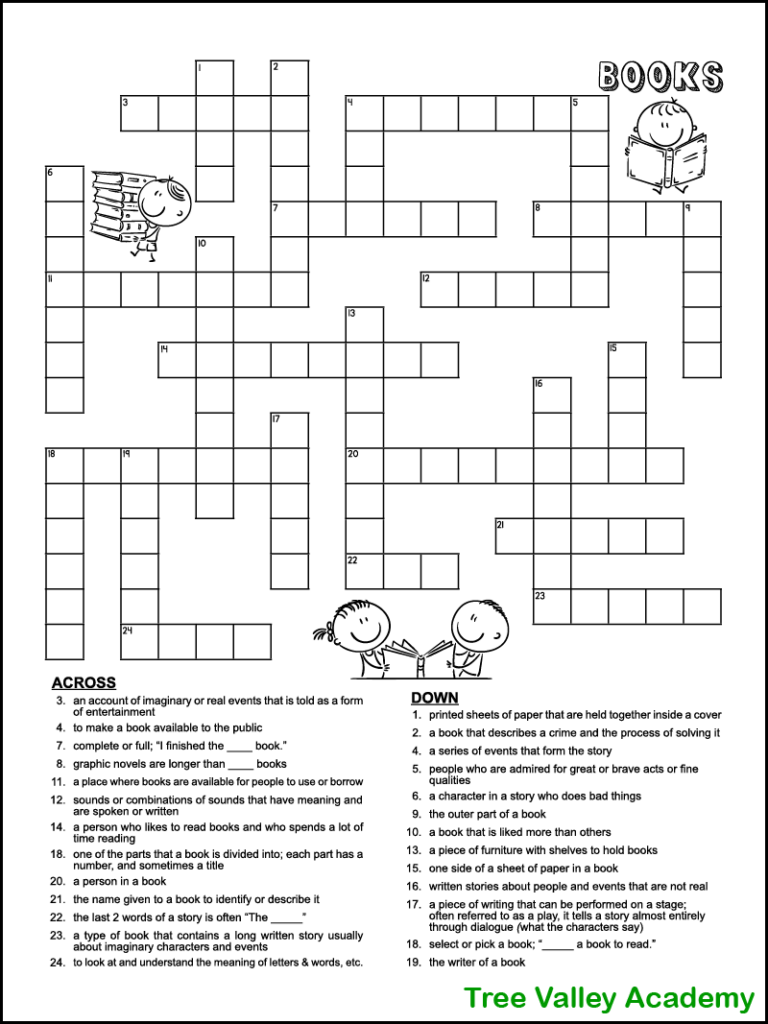 Book Themed Crossword Puzzle For Kids Tree Valley Academy Book Themed Crossword Puzzle For Kids Tree Valley Academy