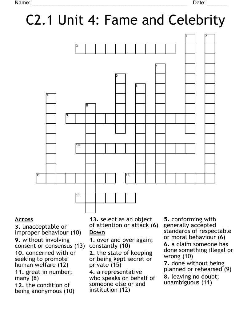 C2 1 Unit 4 Fame And Celebrity Crossword WordMint