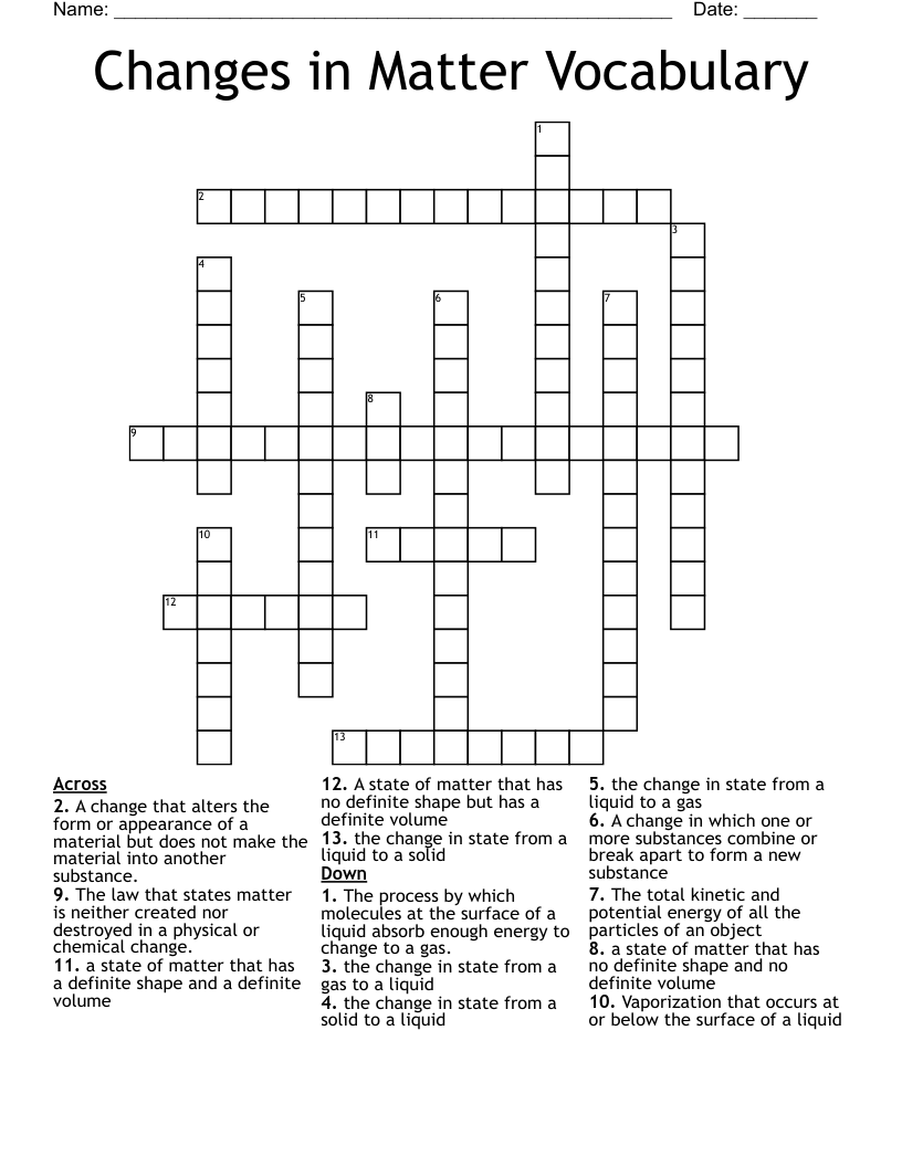 Changes In Matter Vocabulary Crossword WordMint Changes In Matter Vocabulary Crossword WordMint