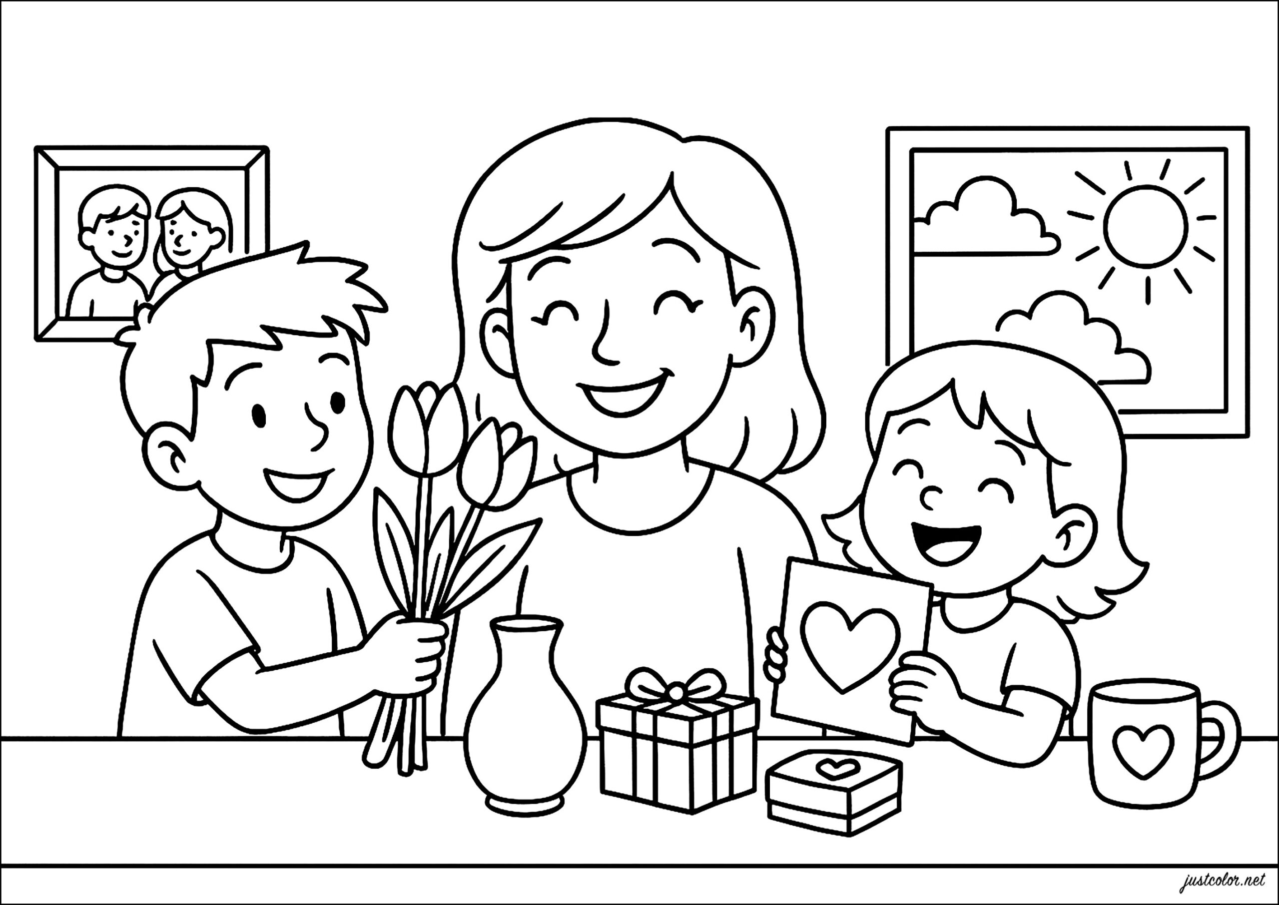 Children Giving Gifts To Their Mother Mother s Day Coloring Pages Children Giving Gifts To Their Mother Mother s Day Coloring Pages