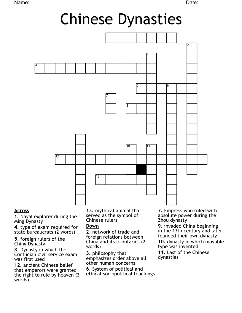 Chinese Dynasties Crossword WordMint Chinese Dynasties Crossword WordMint