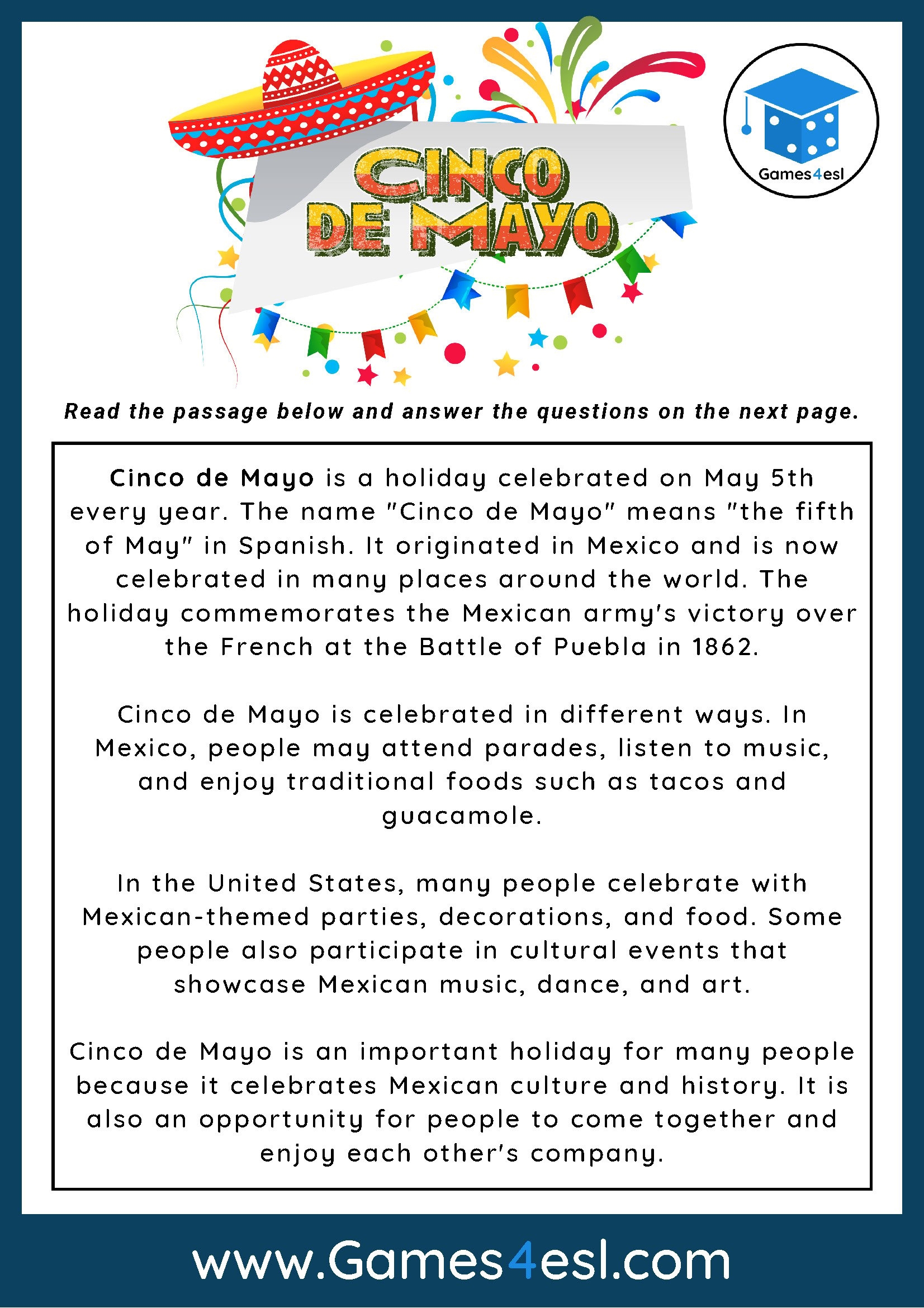 Cinco De Mayo Reading Comprehension Worksheet Games4esl Cinco De Mayo Reading Comprehension Worksheet Games4esl