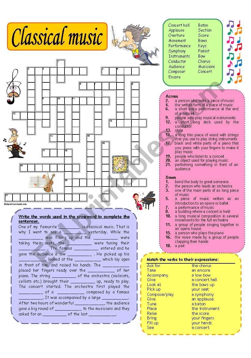 Classical Music Crossword ESL Worksheet By Marta V