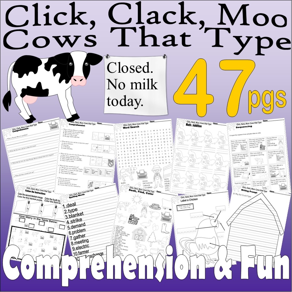 Click Clack Moo Cows That Type Book Companion Reading Comprehension Worksheets Made By Teachers