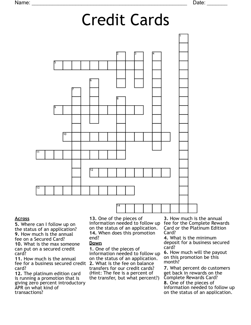Credit Cards Crossword WordMint