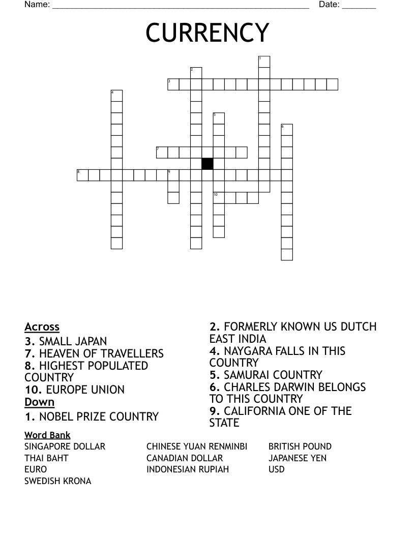 CURRENCY Crossword WordMint CURRENCY Crossword WordMint