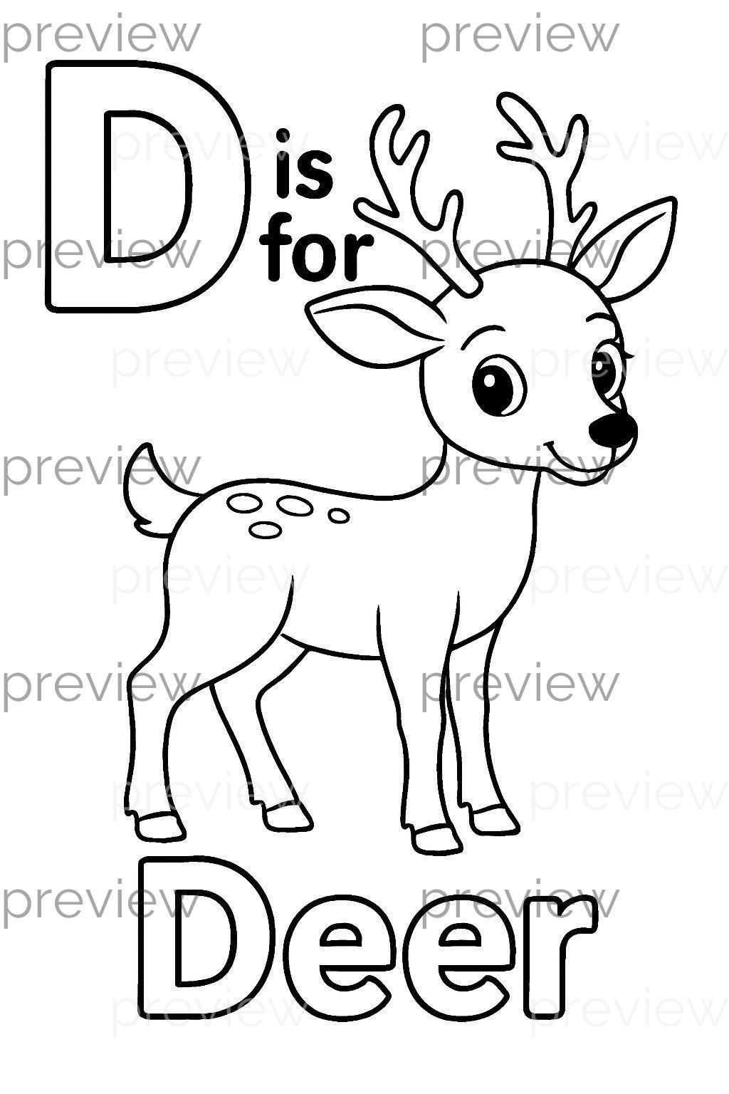 D Is For Deer Cute Cartoon style Printable Coloring Page For Kids Digital Art Instant Download Etsy
