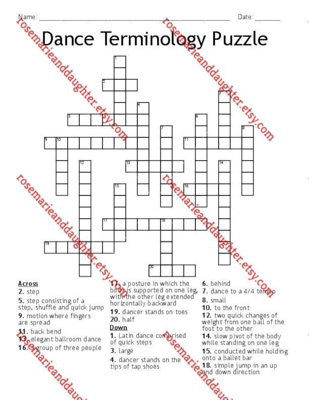 Dance Terminology Puzzle A Fun Crossword Puzzle With Answer Key Etsy
