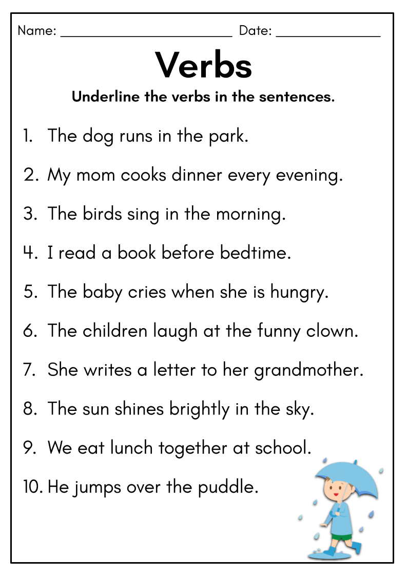 Download And Print Free Verbs Worksheets For Kids