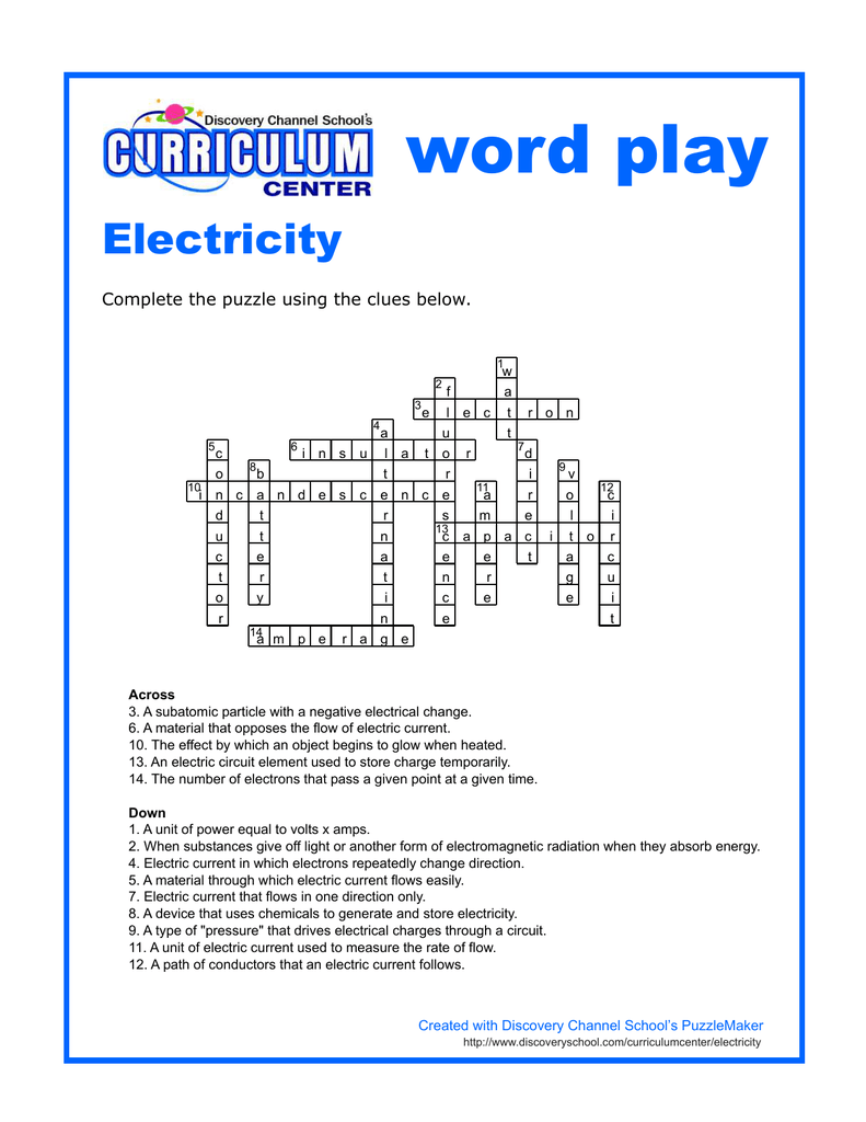 Electricity Crossword Puzzle Worksheet Electricity Crossword Puzzle Worksheet