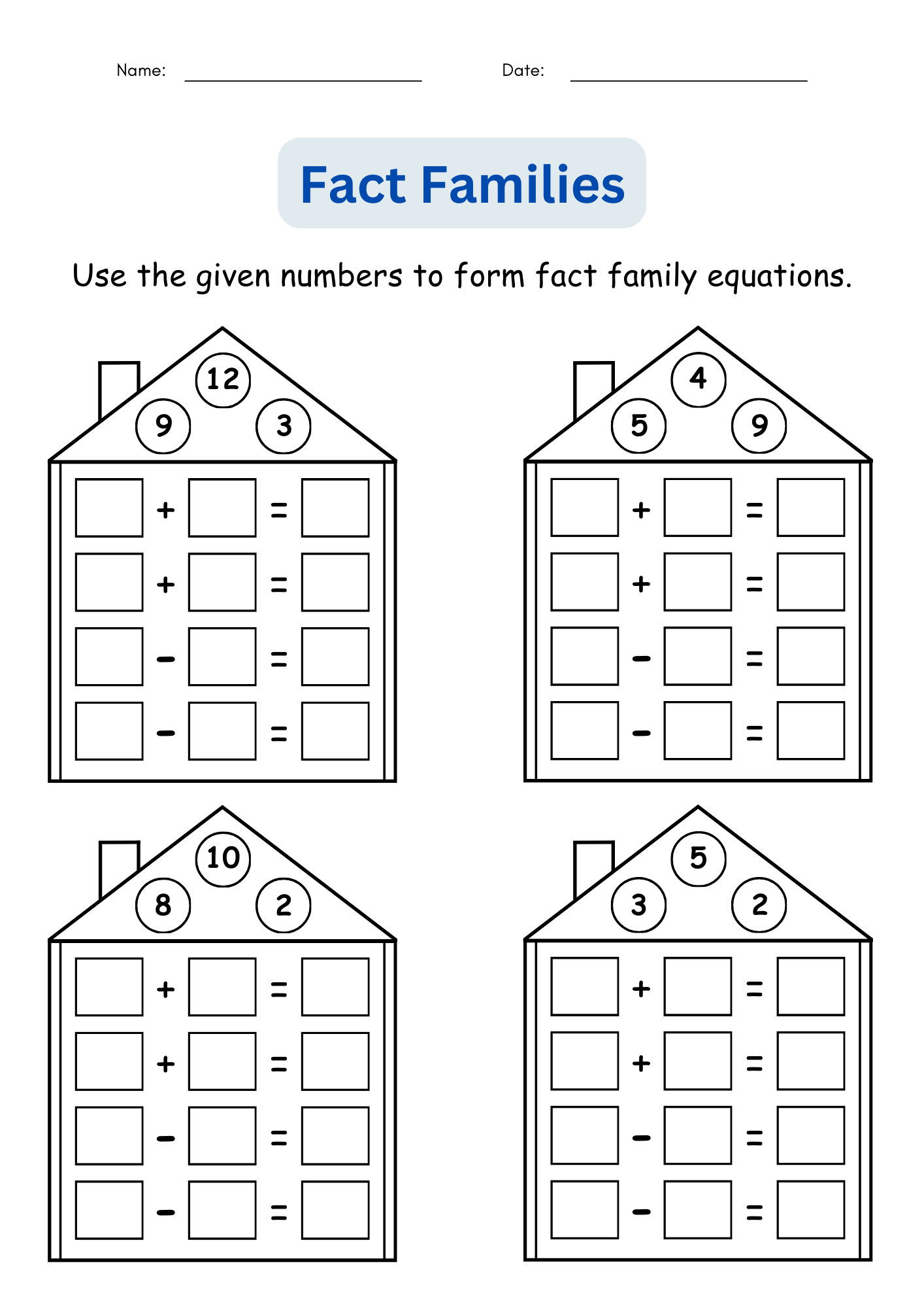addition subtraction fact families worksheets addition subtraction fact families worksheets