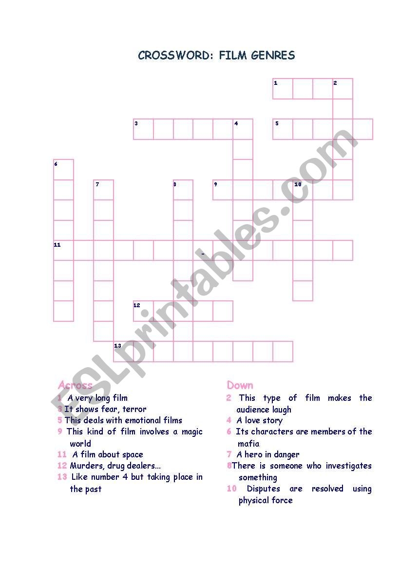 FILM GENRES CROSSWORD ESL Worksheet By Lurdetes