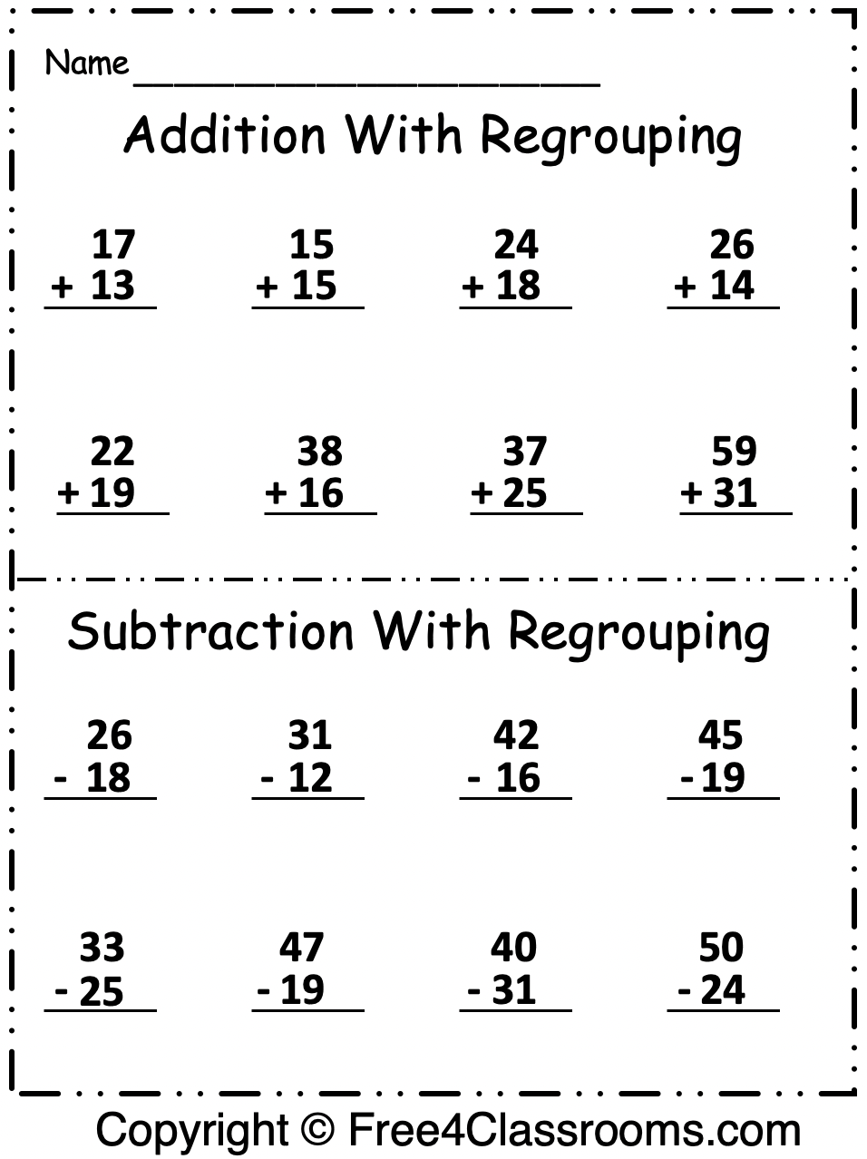 Free 2 Digit Addition And Subtraction Regrouping