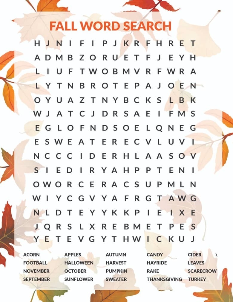 Free Fall Word Search Printable Free Fall Word Search Printable