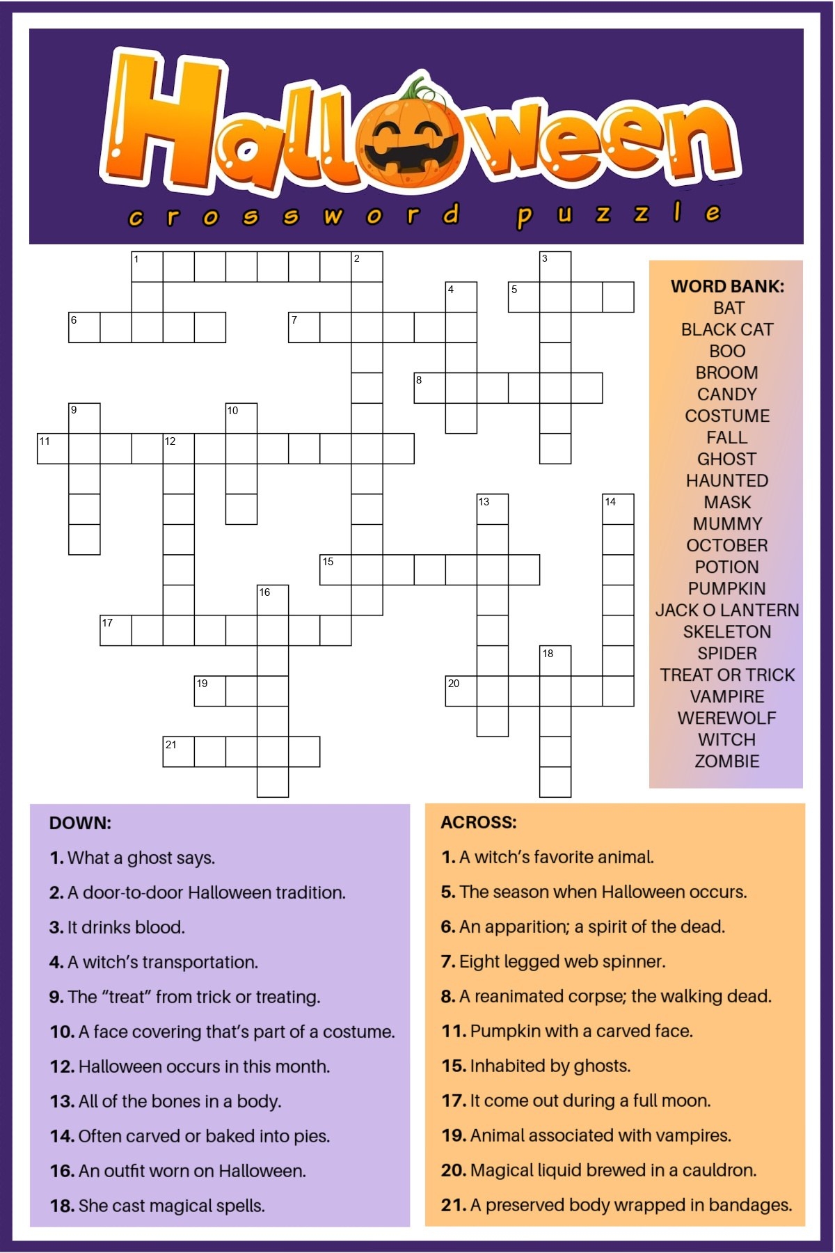 Free Printable Halloween Crossword Puzzle Answer Key Included Free Printable Halloween Crossword Puzzle Answer Key Included