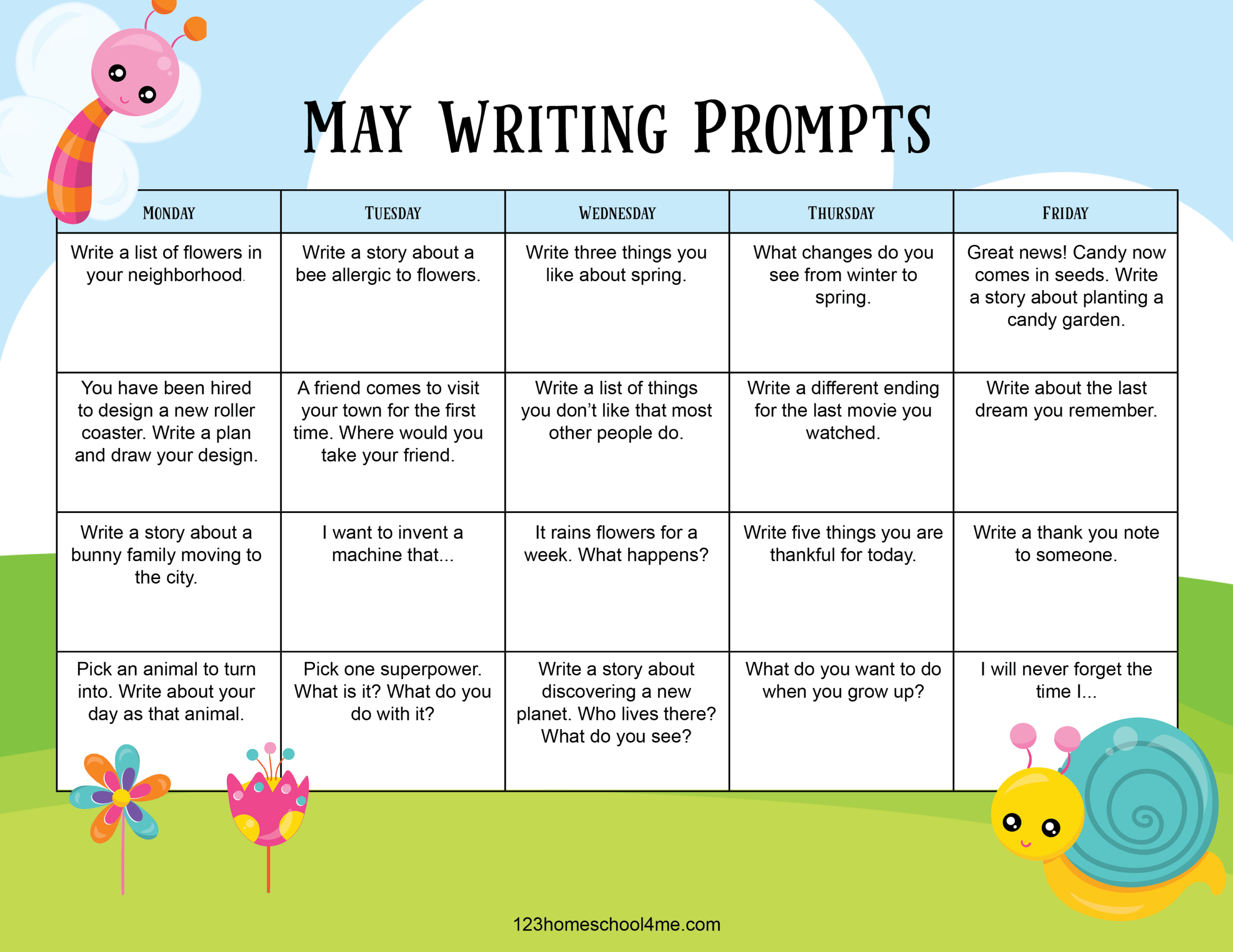 FREE Printable May Writing Prompts Calendar FREE Printable May Writing Prompts Calendar