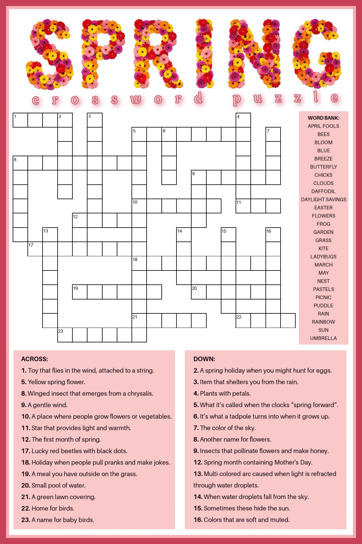 crossword puzzle with word bank