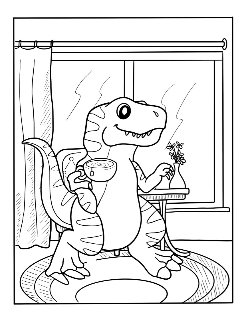 Get A Funny Coloring Page For Free Tea Drinking T Rex Dinosaur Picture Get A Funny Coloring Page For Free Tea Drinking T Rex Dinosaur Picture
