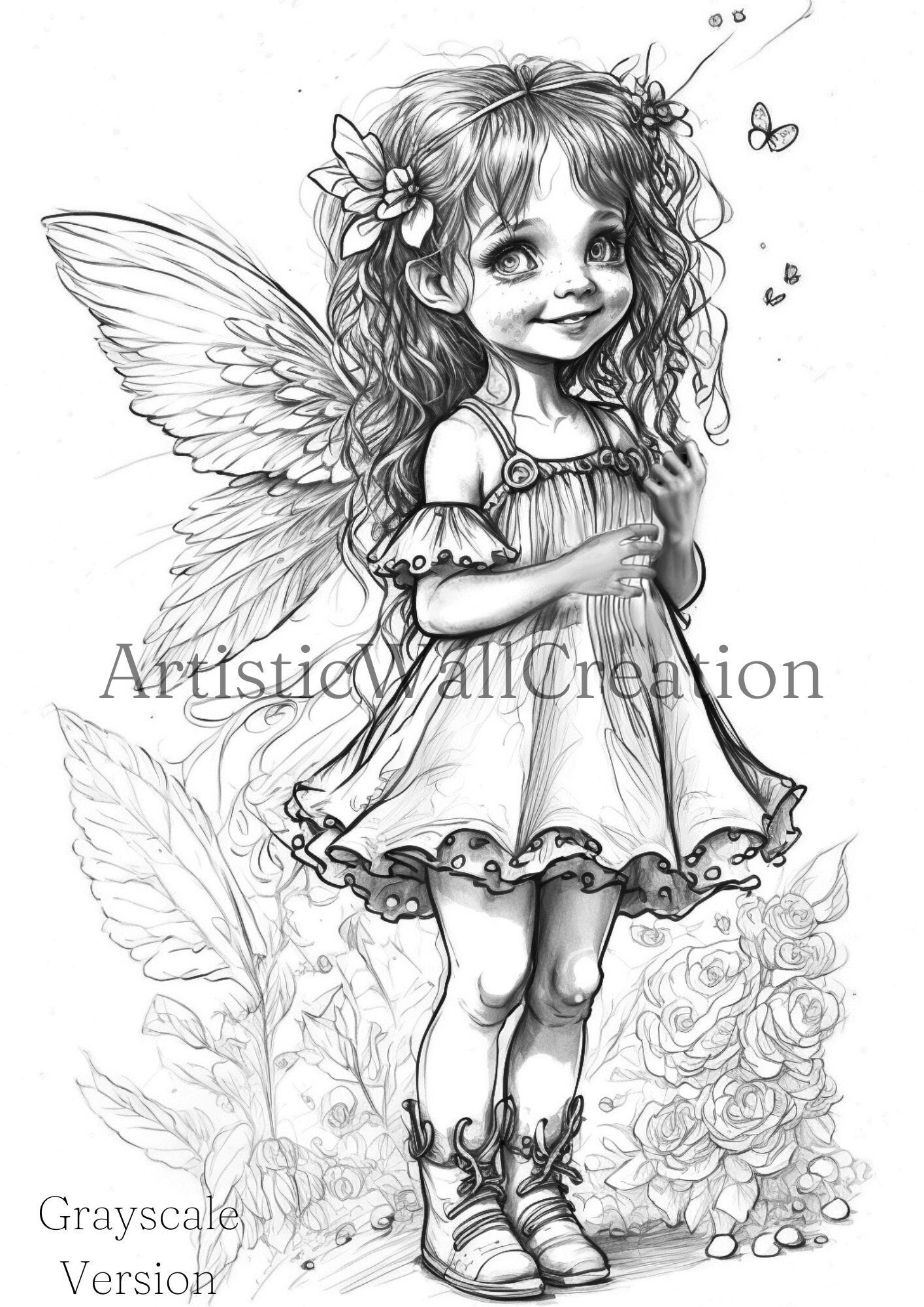 Grayscale Fairy Coloring Page Adult Coloring Sheet Enchanted Fairy Girl Delicate Fairy Girl Light dark Greyscale PDF PNG Download Etsy