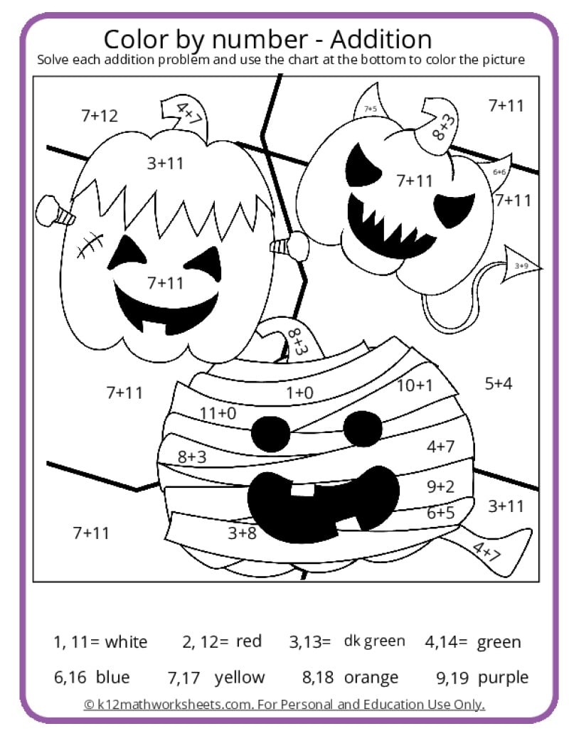 halloween color by number addition halloween color by number addition