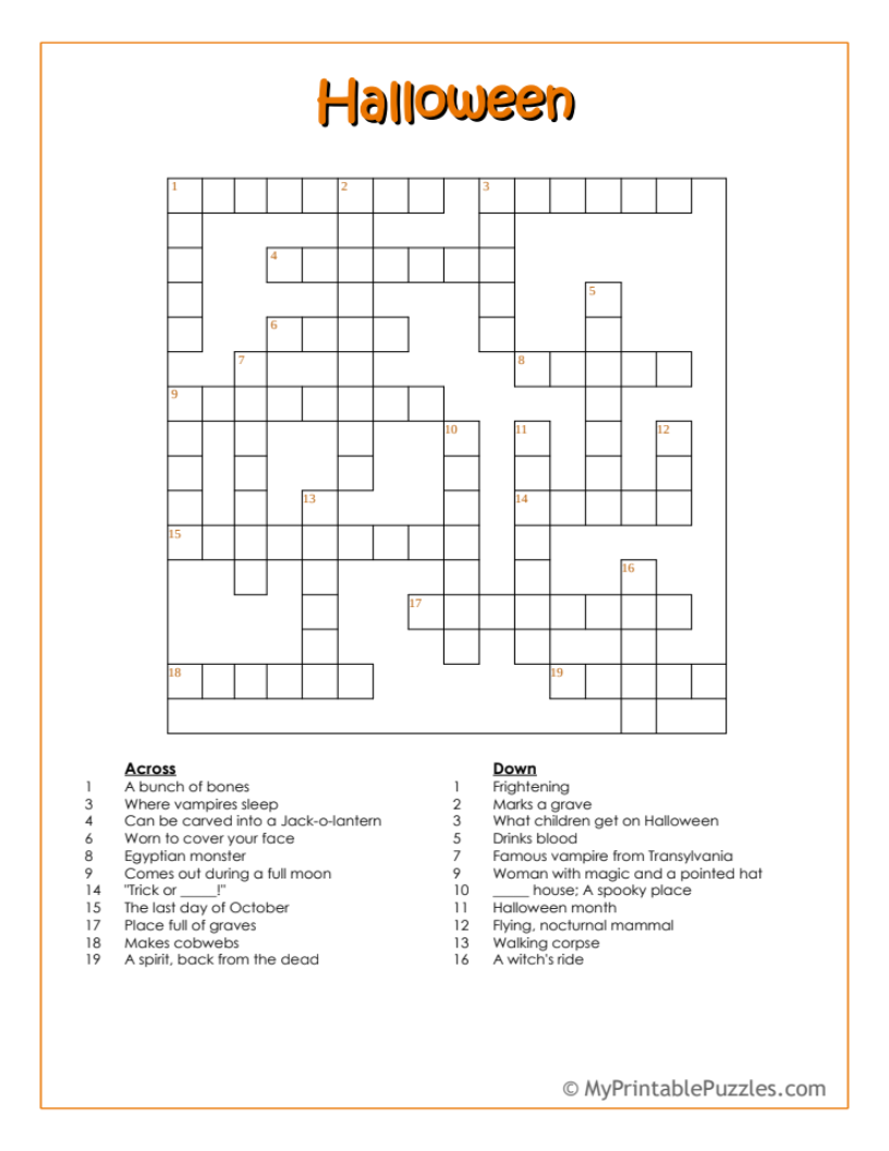 printable halloween crossword puzzles printable halloween crossword puzzles