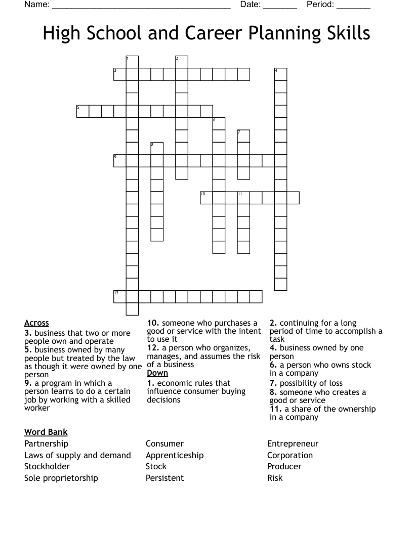 High School And Career Planning Skills Crossword WordMint