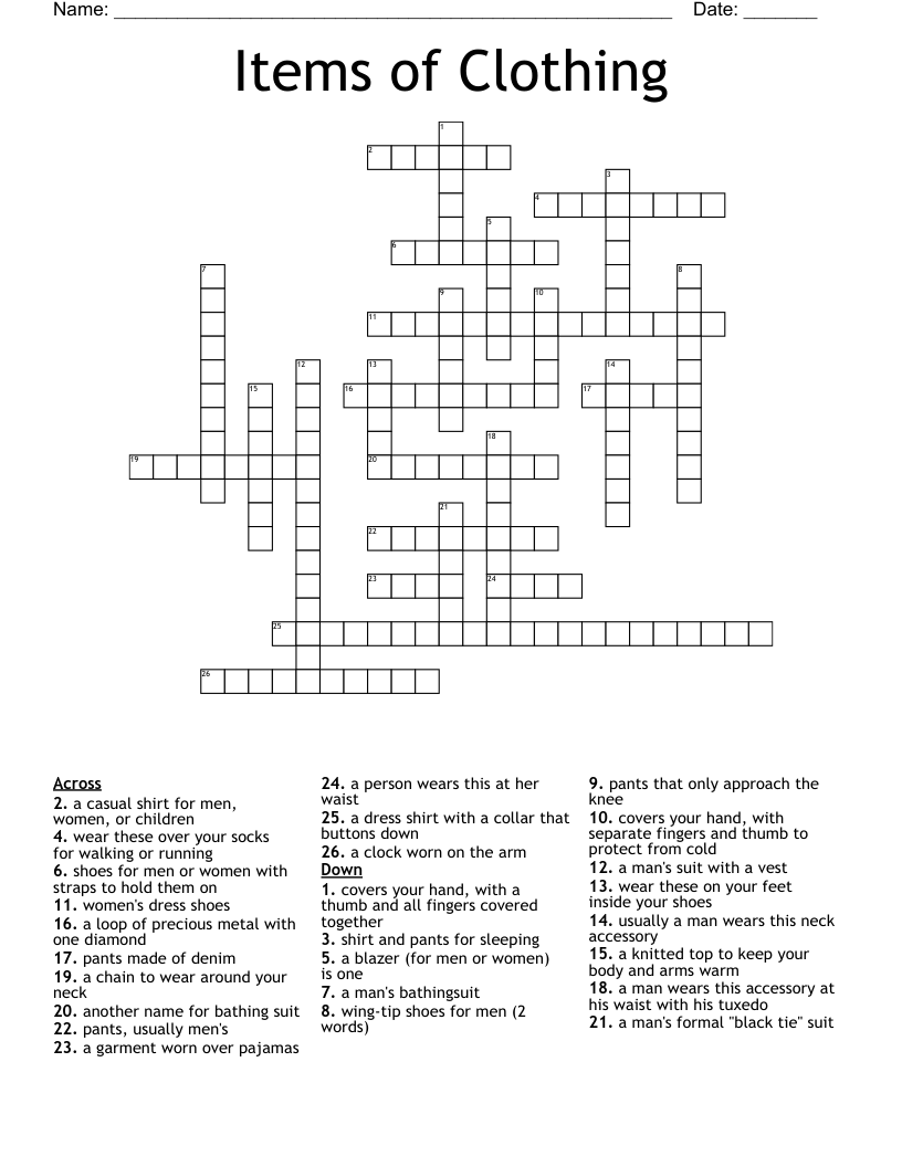 Items Of Clothing Crossword WordMint