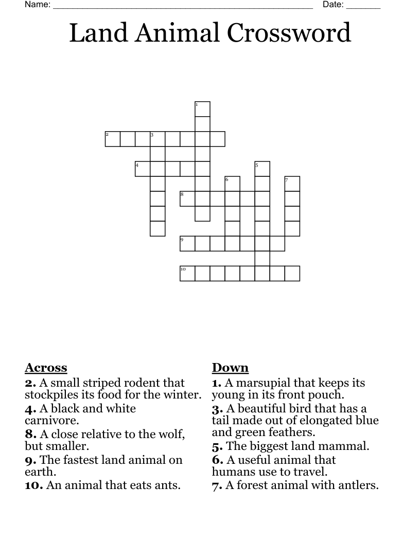 Land Animal Crossword WordMint Land Animal Crossword WordMint