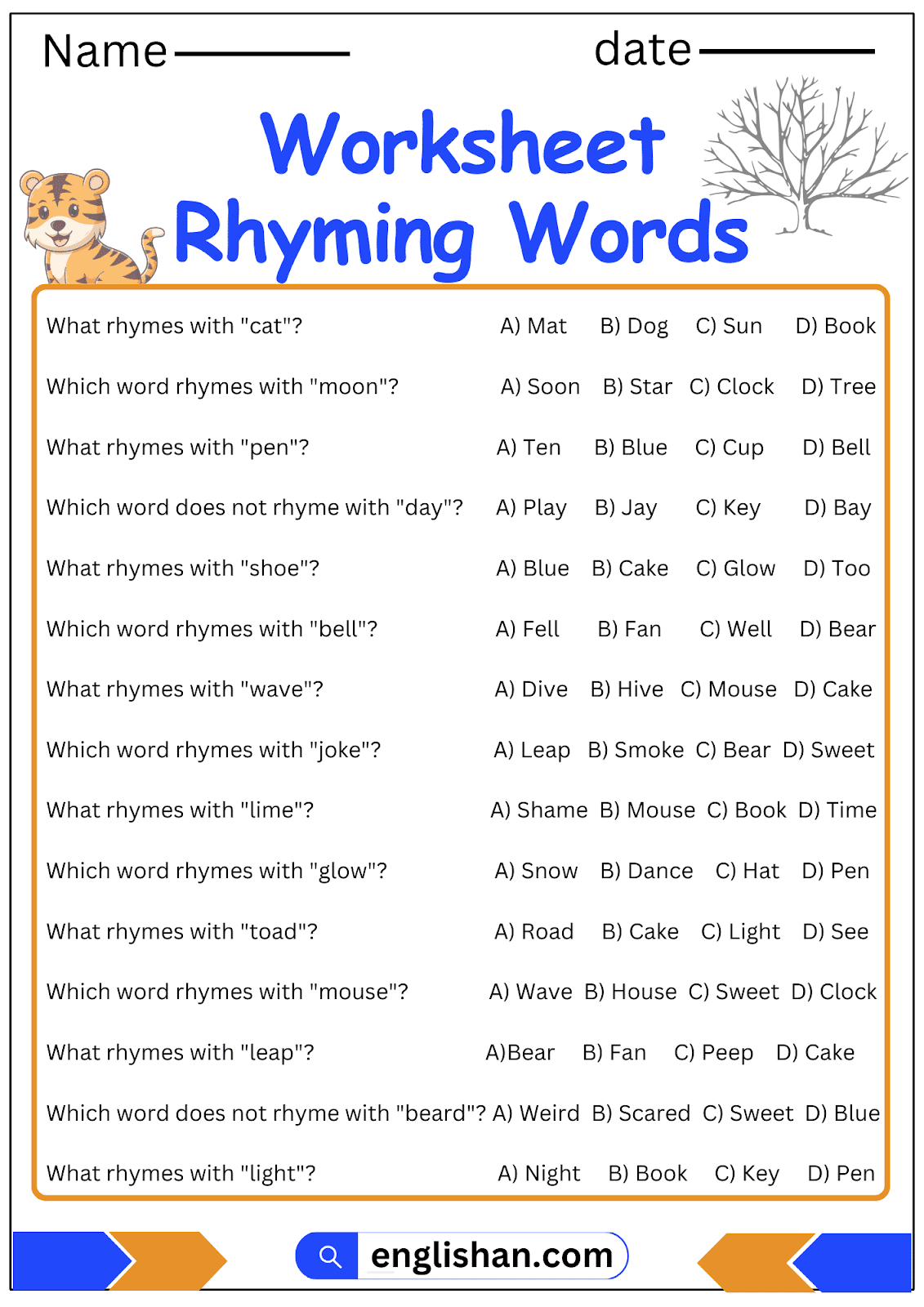 List Of Rhyming Words For Kids In English