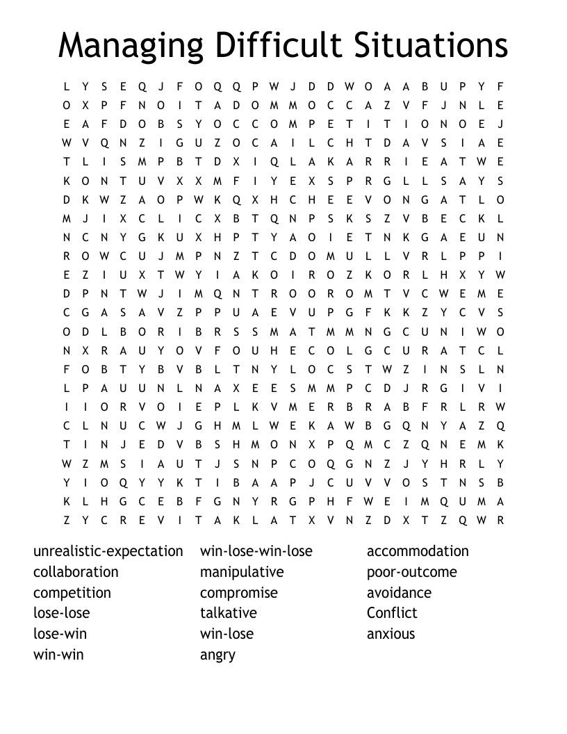 Managing Difficult Situations Word Search WordMint